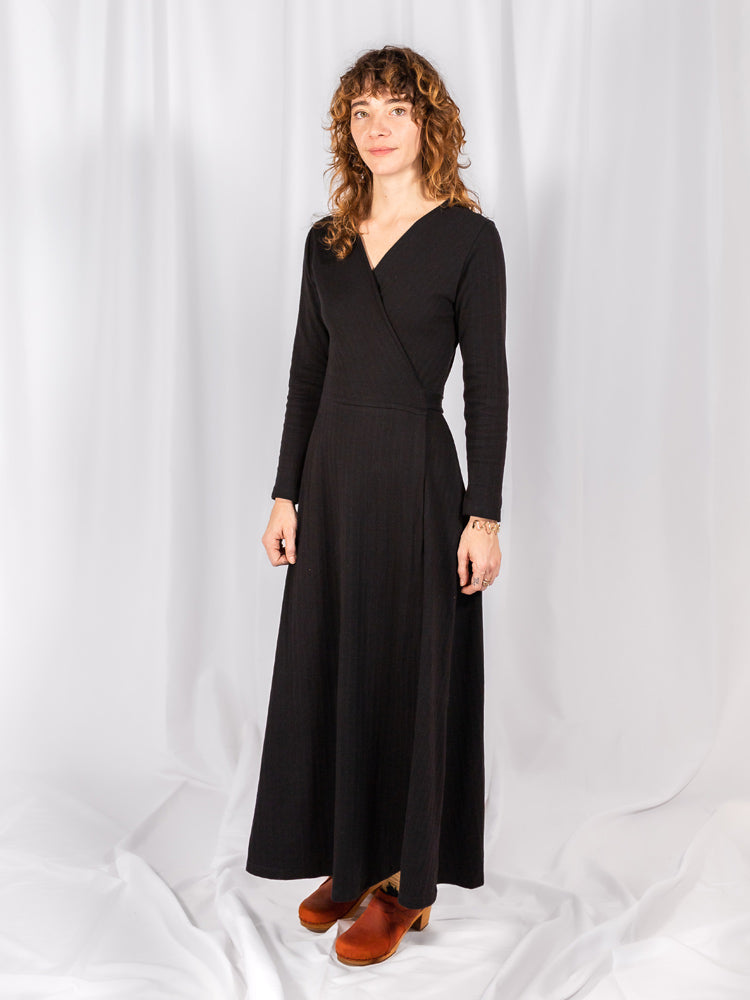 Mata Traders Katie Maxi Wrap Dress in Black Rib Knit