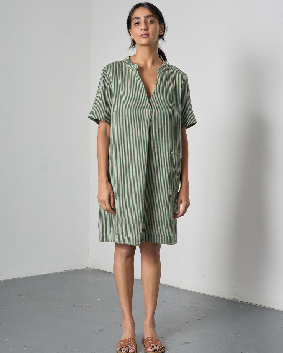 BIBICO Wren Pull on Dress in Double Gauze Green Stripe