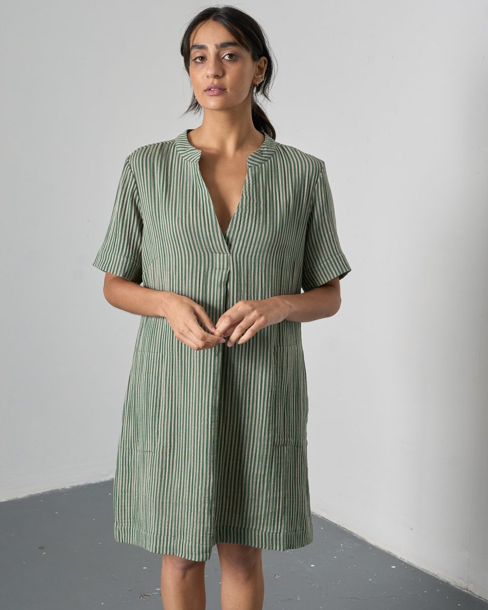 BIBICO Wren Pull on Dress in Double Gauze Green Stripe