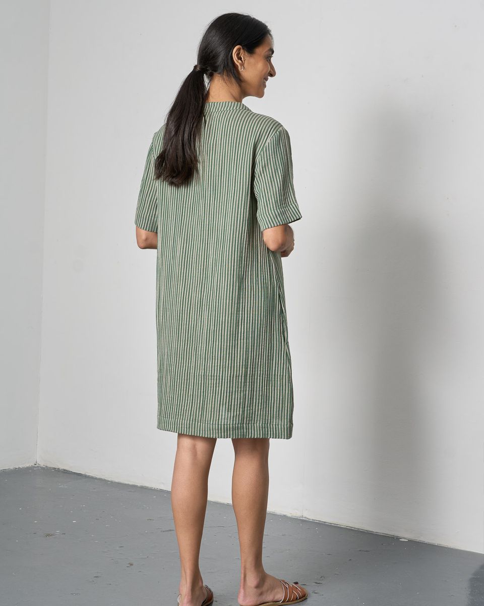 BIBICO Wren Pull on Dress in Double Gauze Green Stripe