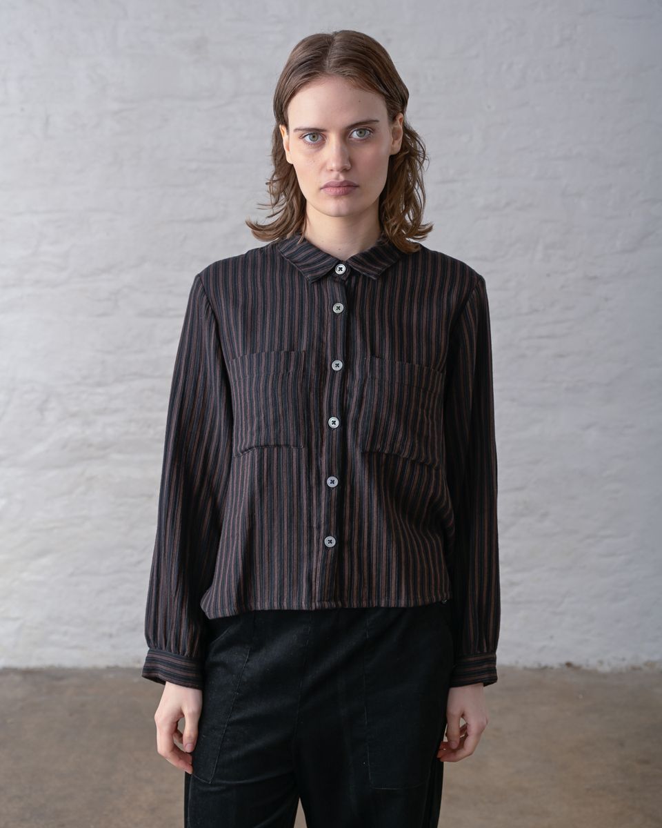 BIBICO Ada Cropped Blouse in Brown Black Stripe