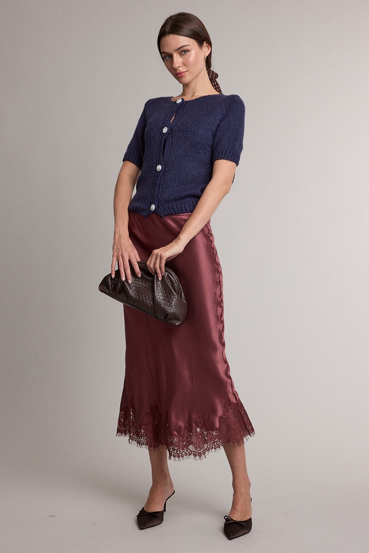 DEON Satin Lace Trim Midi Skirt Wine
