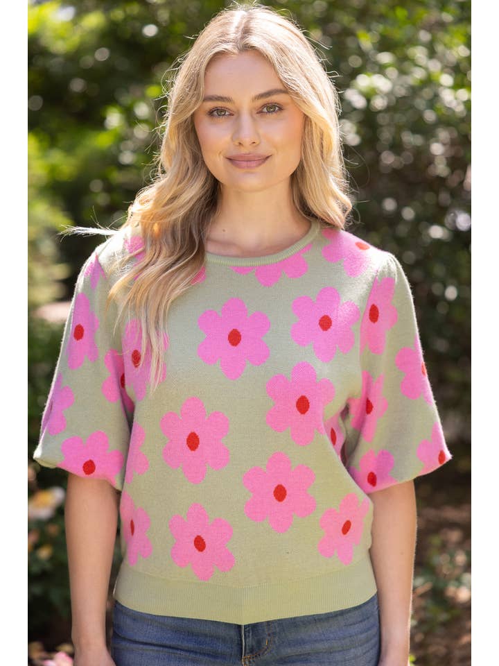 VOY Short Bubble Sleeve Floral Printed Knitted Top