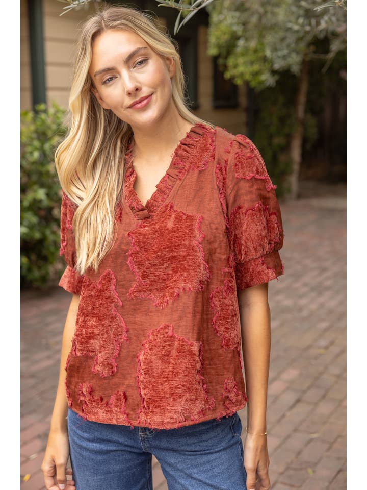 VOY Ruffled V-Neck Textured Burnout Velvet Top