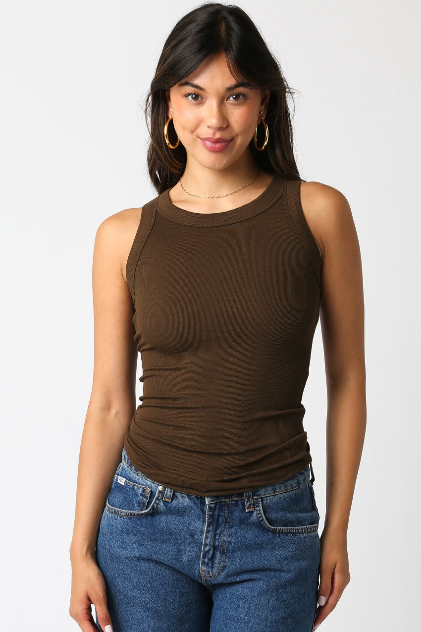 NYLAND Charley Ribbed Fitted Scoop Neck Tank Top Coffee
