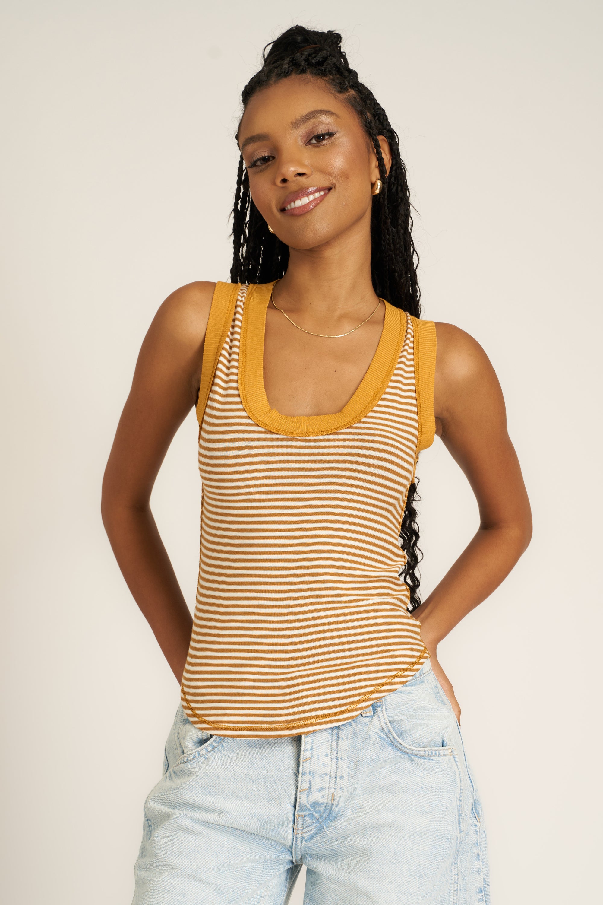 PROJECT SOCIAL T Hits Different Striped Ringer Tank Golden Harvest Stripe