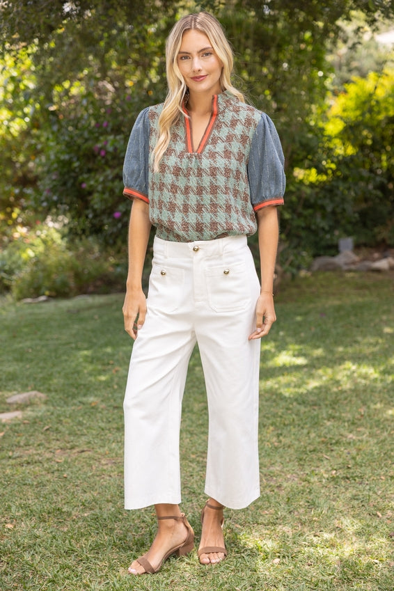 DEON Stripe Denim Sleeve Houndstooth Tweed Top