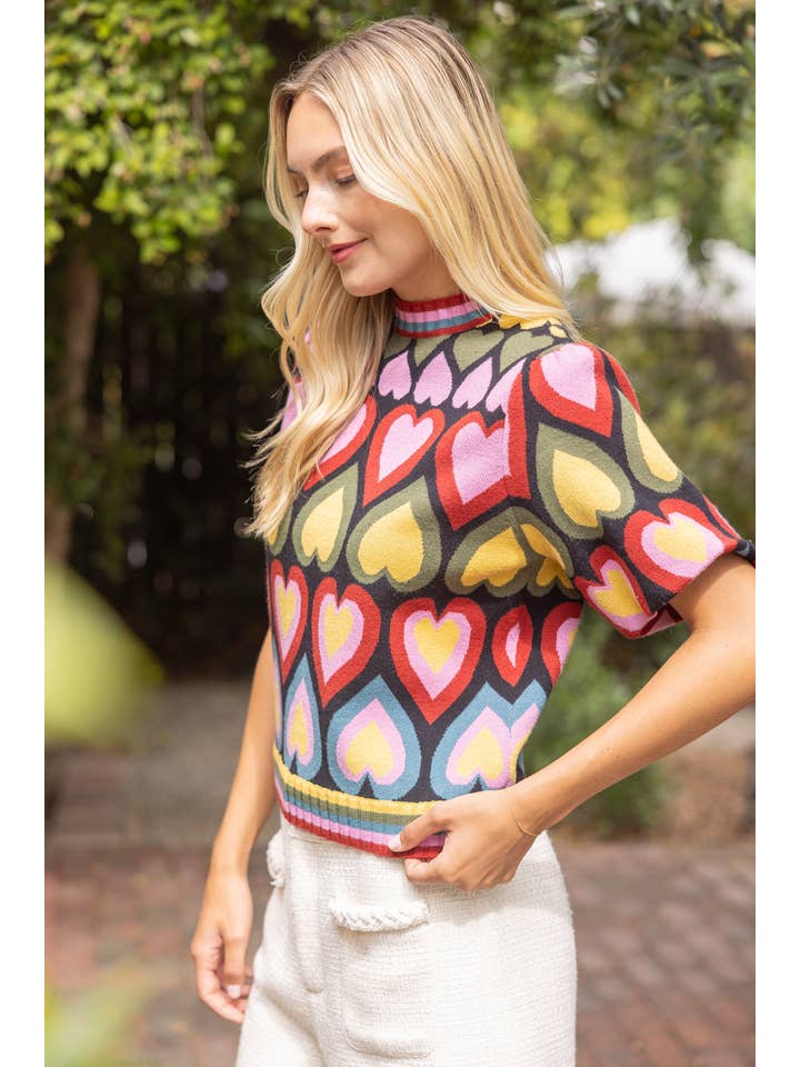 DEON Short Bubble Sleeve Heart Print Knit Top
