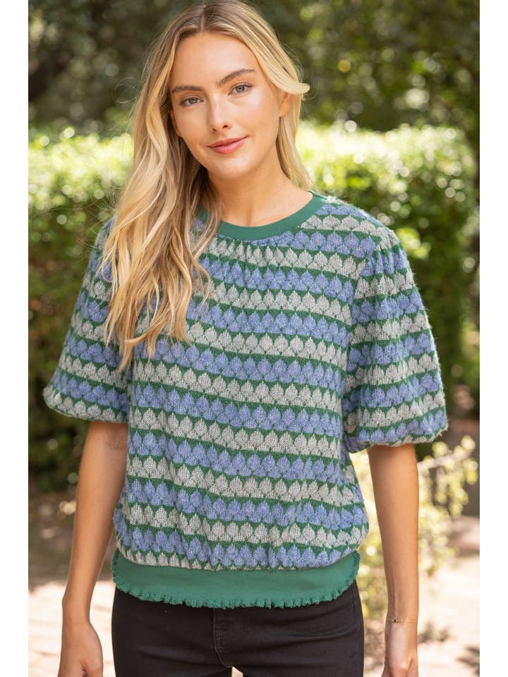 DEON Bubble Sleeve Band Stripe Print Knitted Top