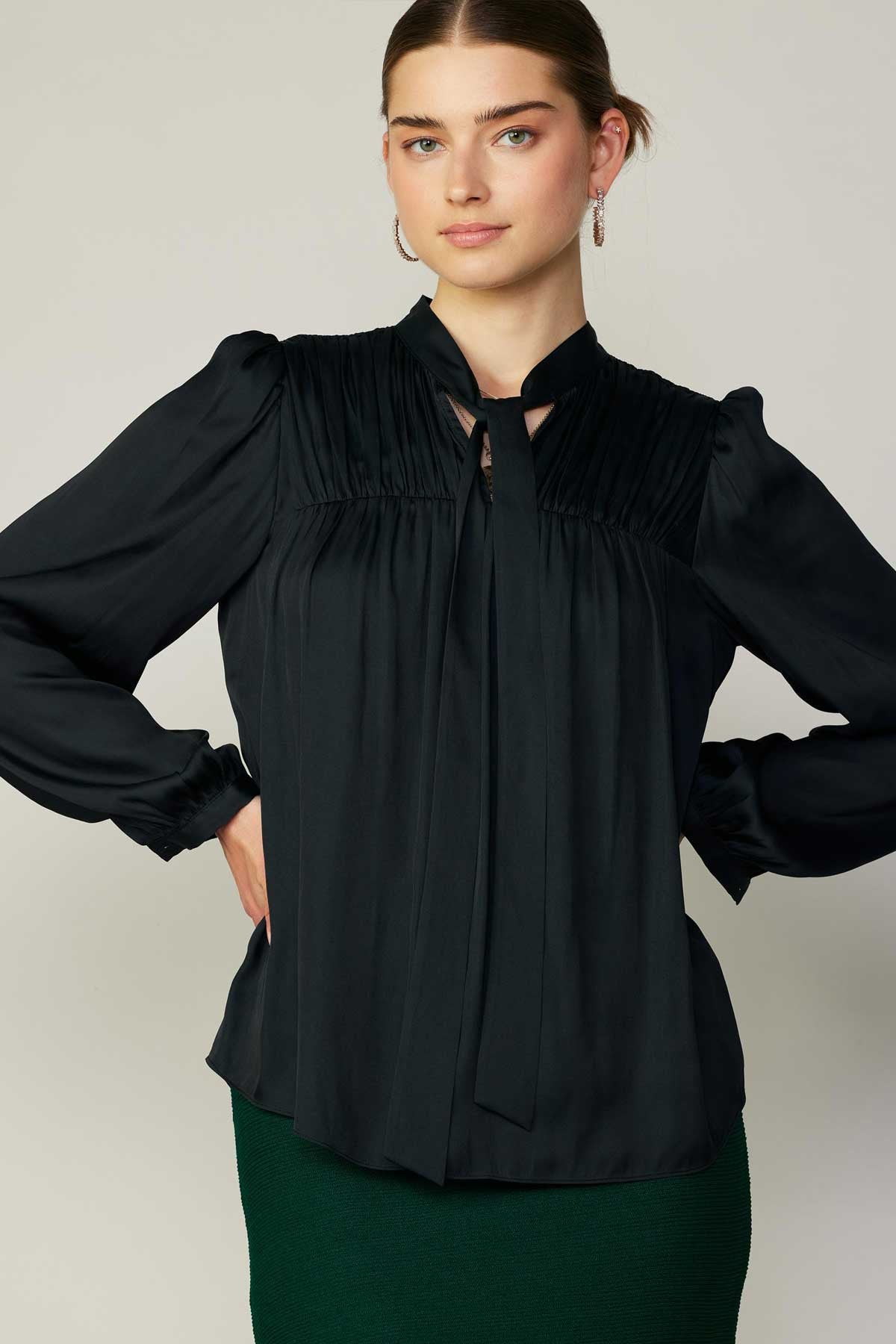NYLAND Tobi V-Neck Pleated Blouse with Self Tie in Black