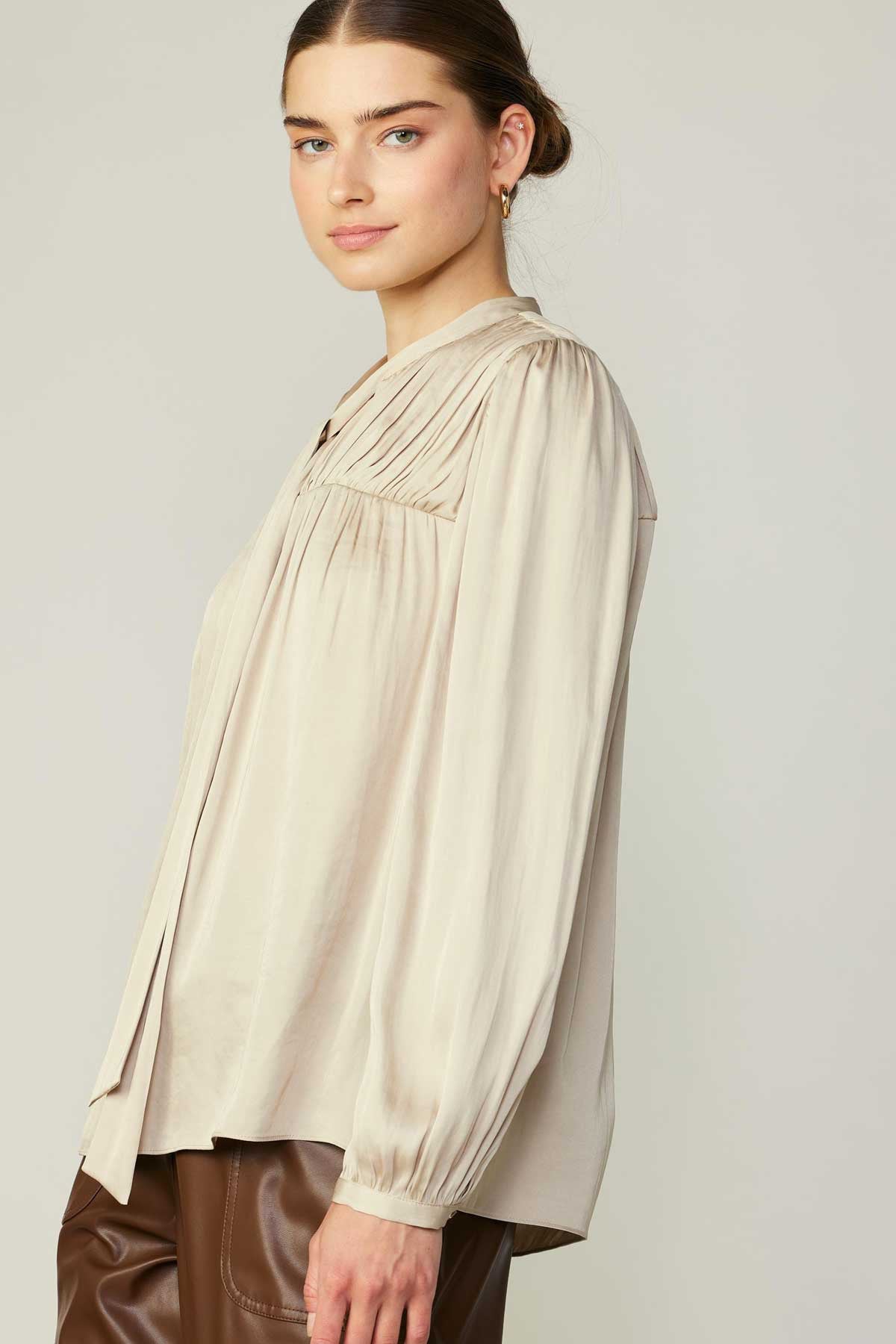 NYLAND Tobi V-Neck Pleated Blouse with Self Tie in Ecru