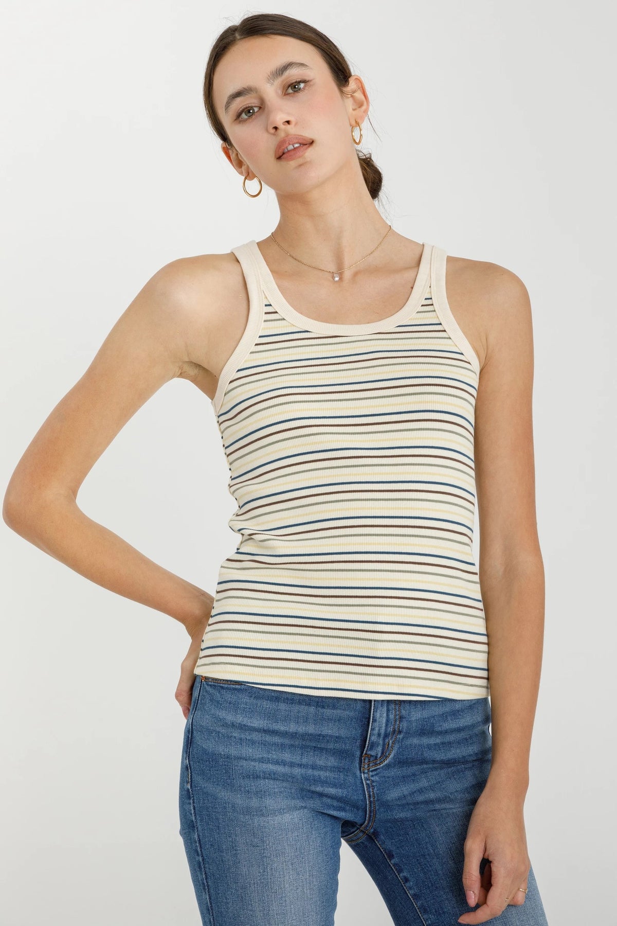 NYLAND Beverly Ribbed Multi Striped Tank Top Teal Multi