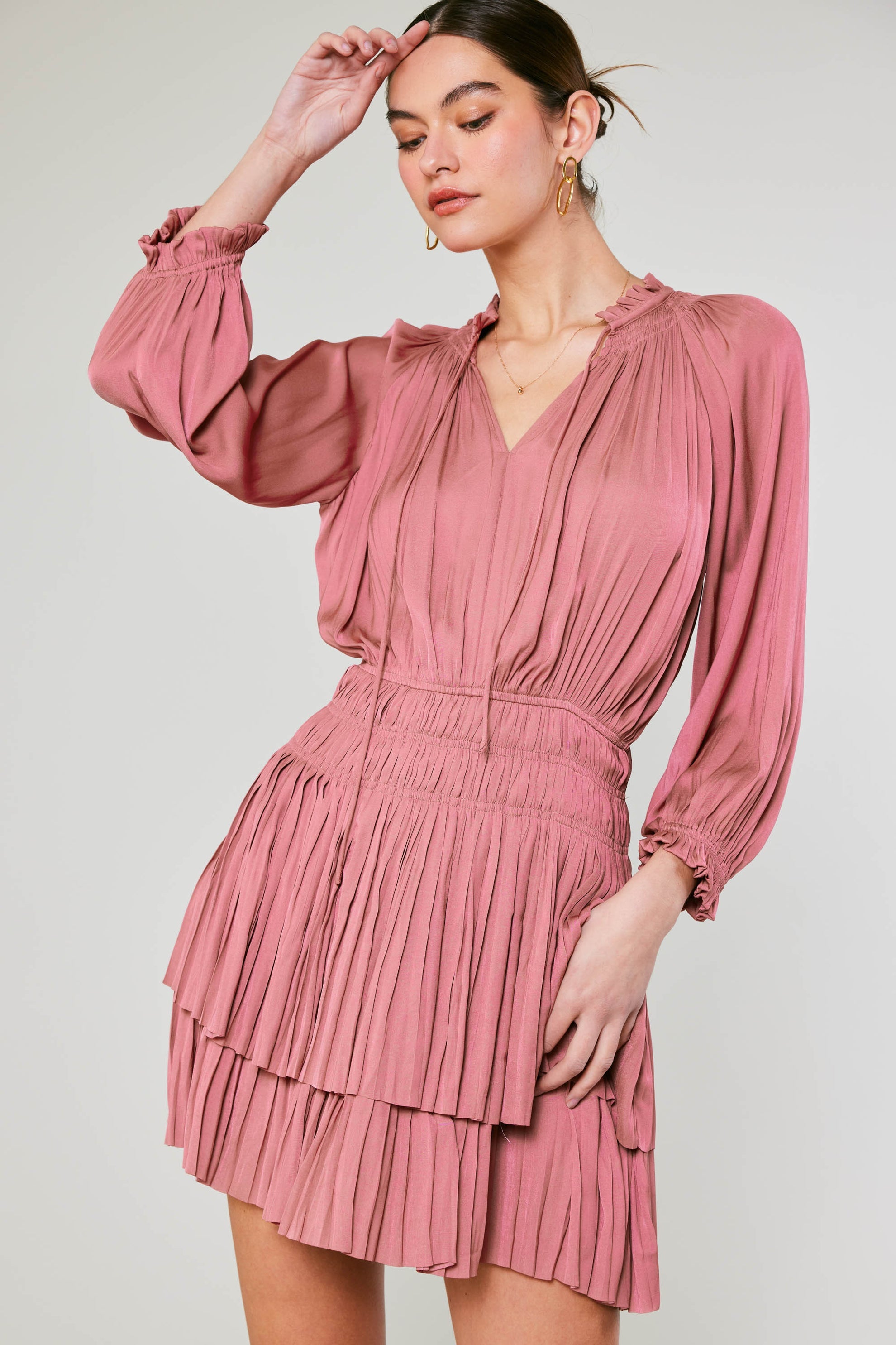 NYLAND Isabella Pleated 3/4 Sleeve Mini Dress Rose / M NYLAND Isabella Pleated 3/4 Sleeve Mini Dress Rose / M