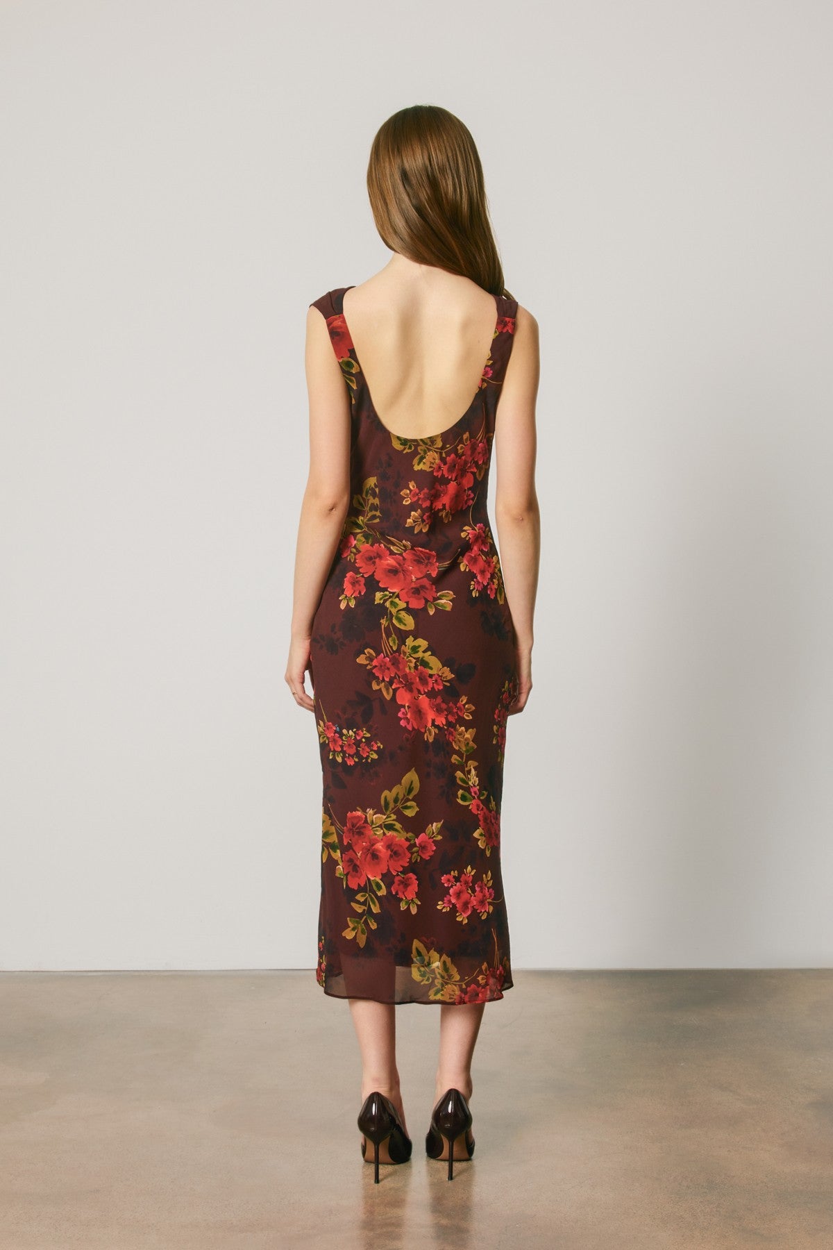 DEON Floral Chiffon Draped Midi Dress