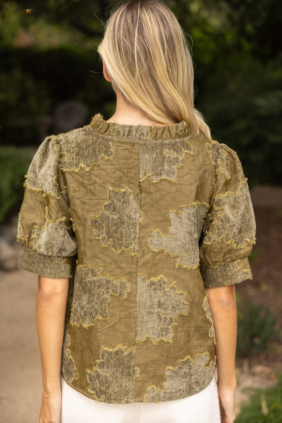 DEON Ruffled V-Neck Textured Burnout Velvet Top in Olive