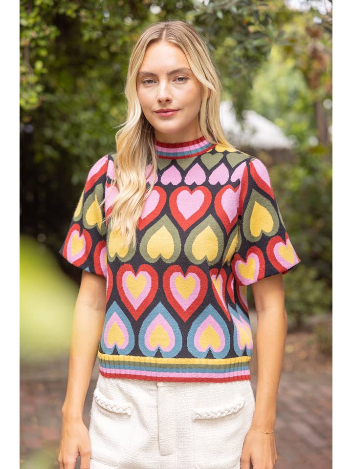 DEON Short Bubble Sleeve Heart Print Knit Top