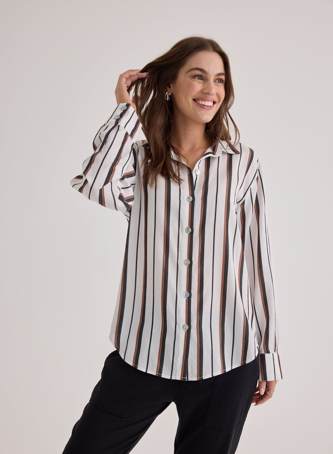 Bella Dahl Boyfriend Button Down Shirt in Autumn Lurex Stripe
