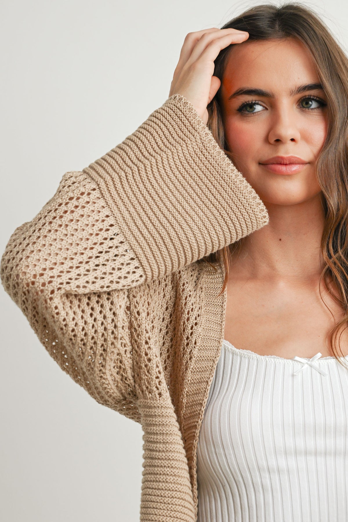NYLAND Lune Wide Sleeve Textured Crop Cardigan Sweater