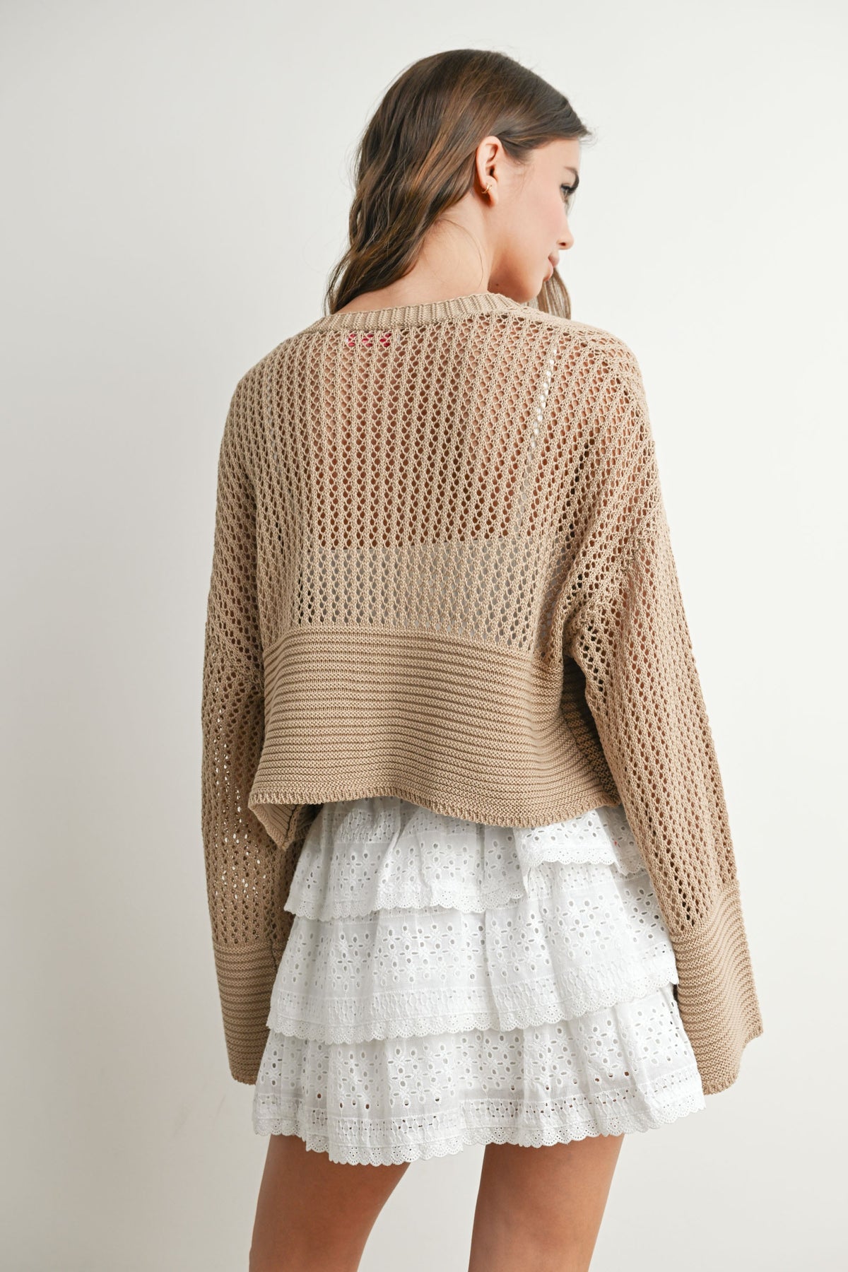 NYLAND Lune Wide Sleeve Textured Crop Cardigan Sweater