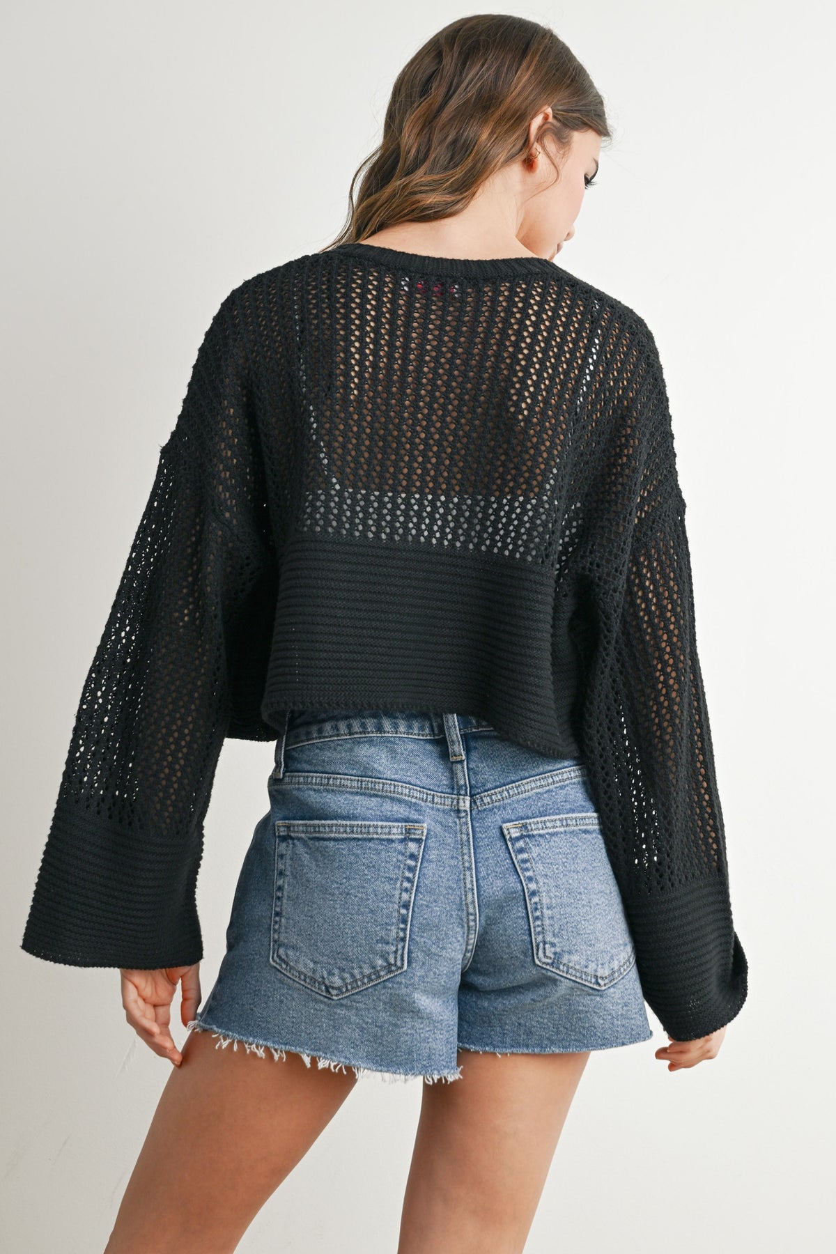 NYLAND Lune Wide Sleeve Textured Crop Cardigan Sweater