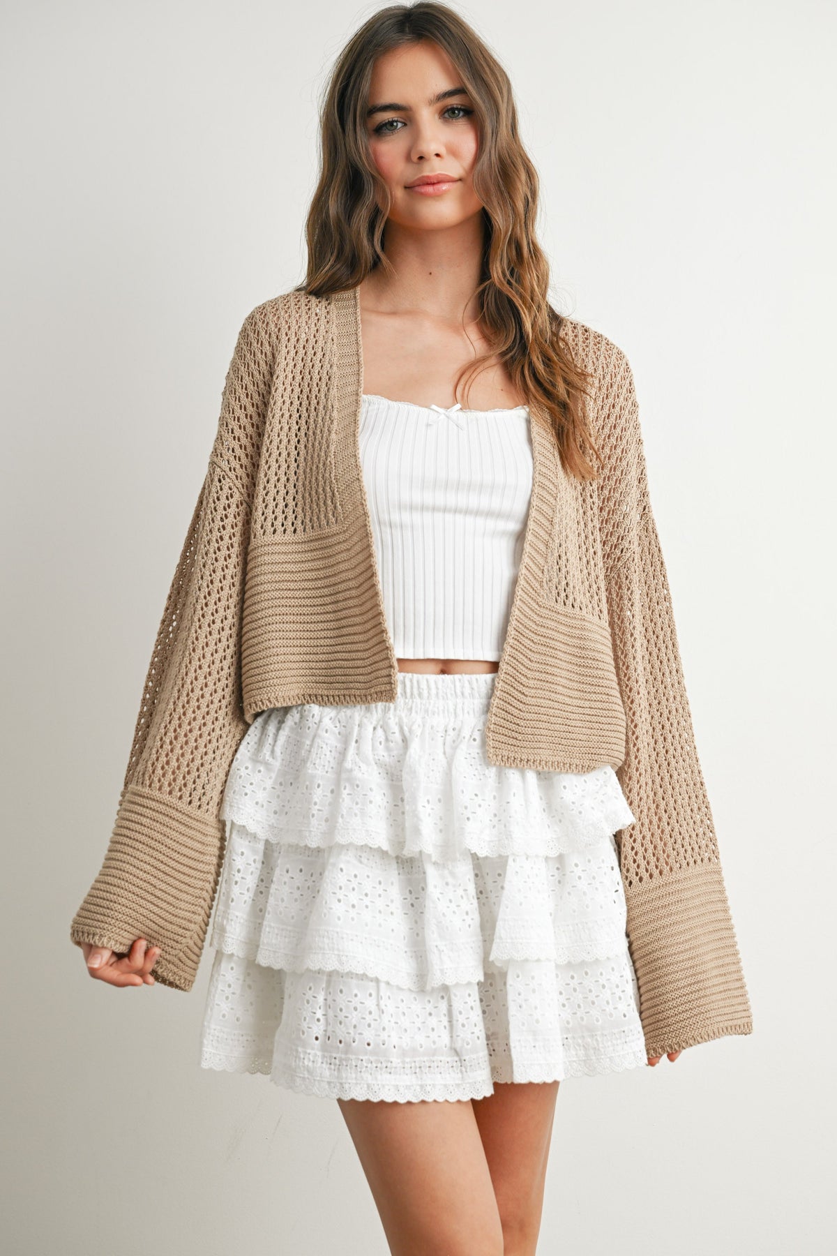 NYLAND Lune Wide Sleeve Textured Crop Cardigan Sweater