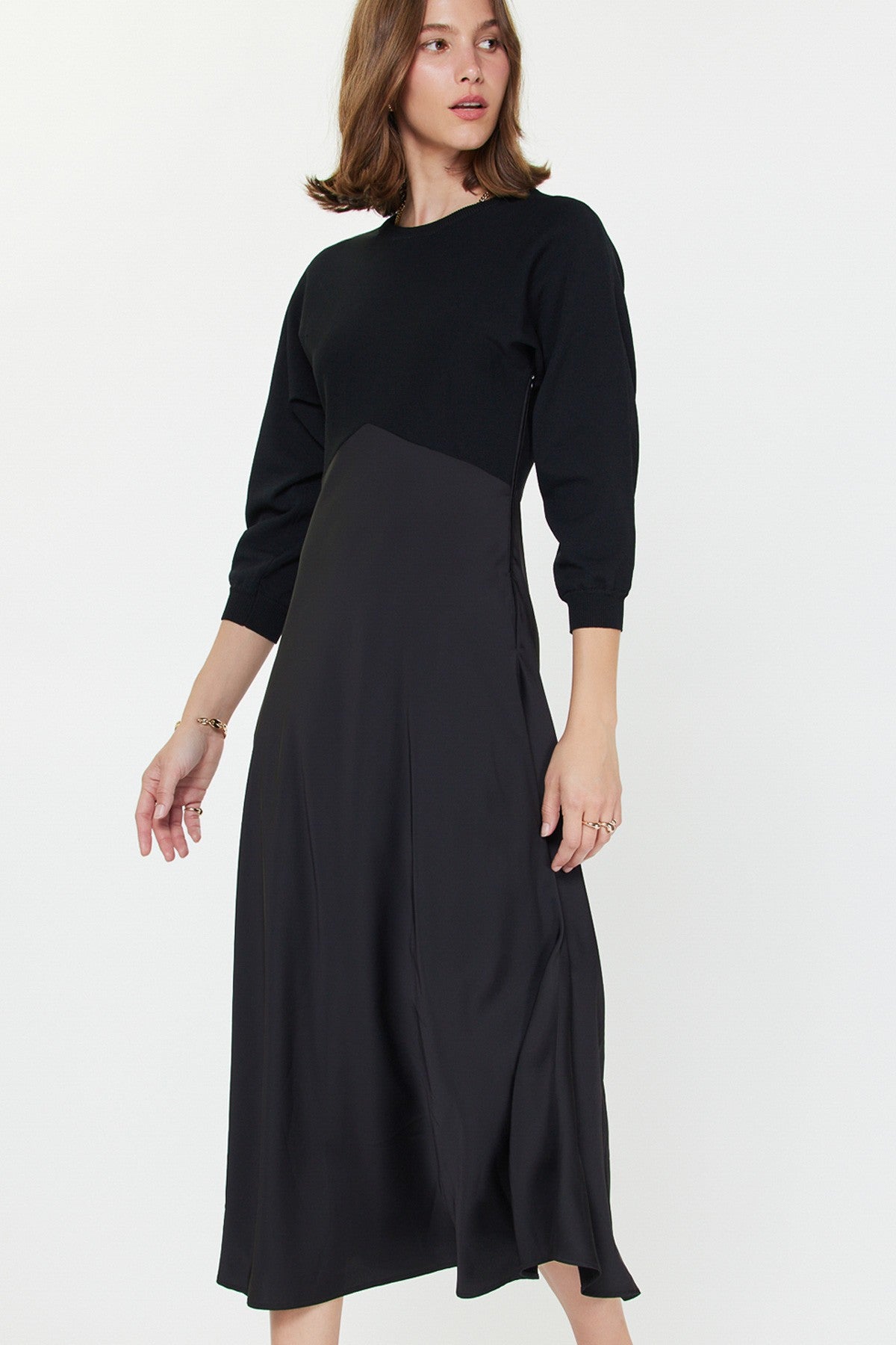 NYLAND Kehlani Sweater Mixed Media Midi Dress in Black