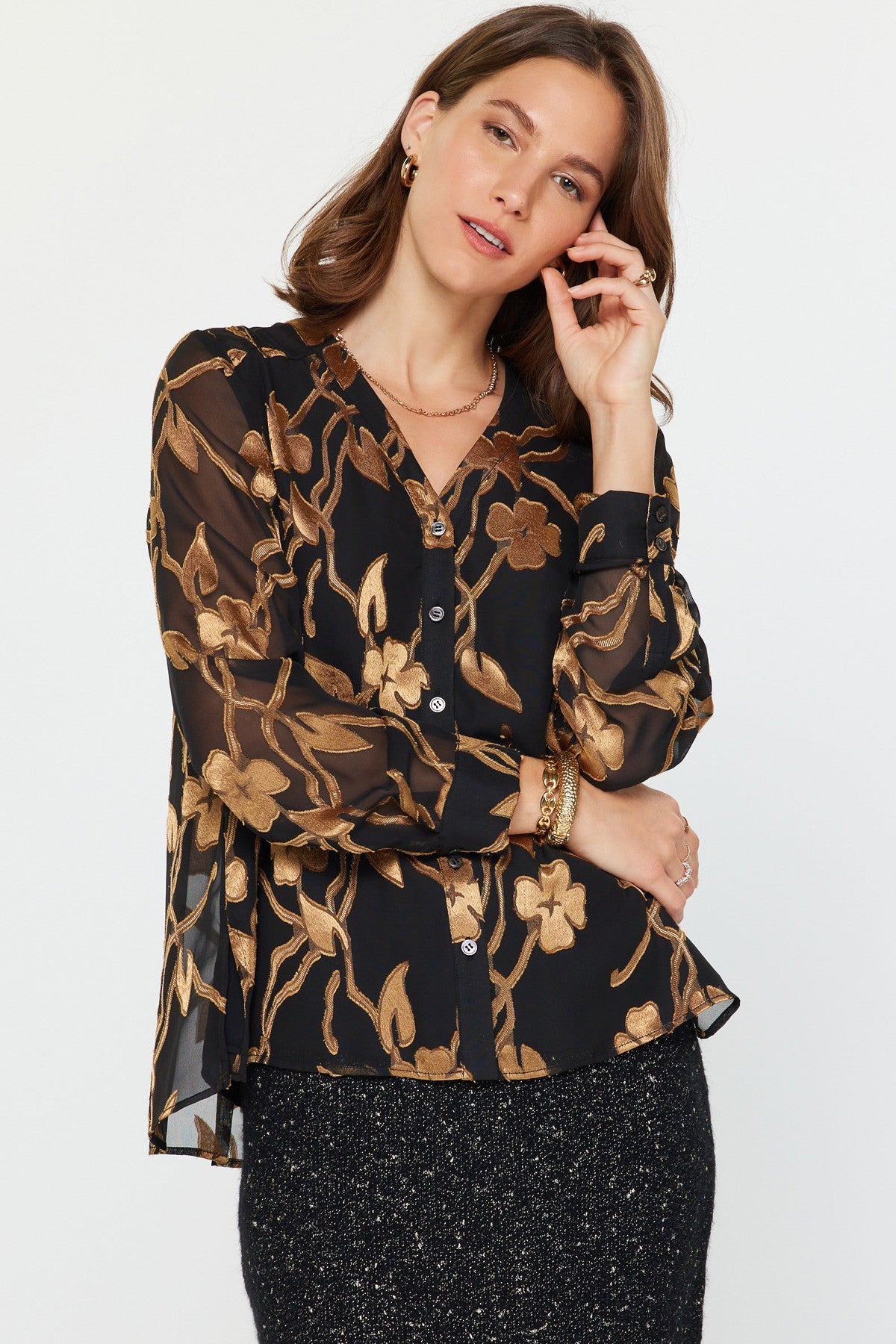 NYLAND Ginny Floral Jacquard Button Down Top in Black/Gold