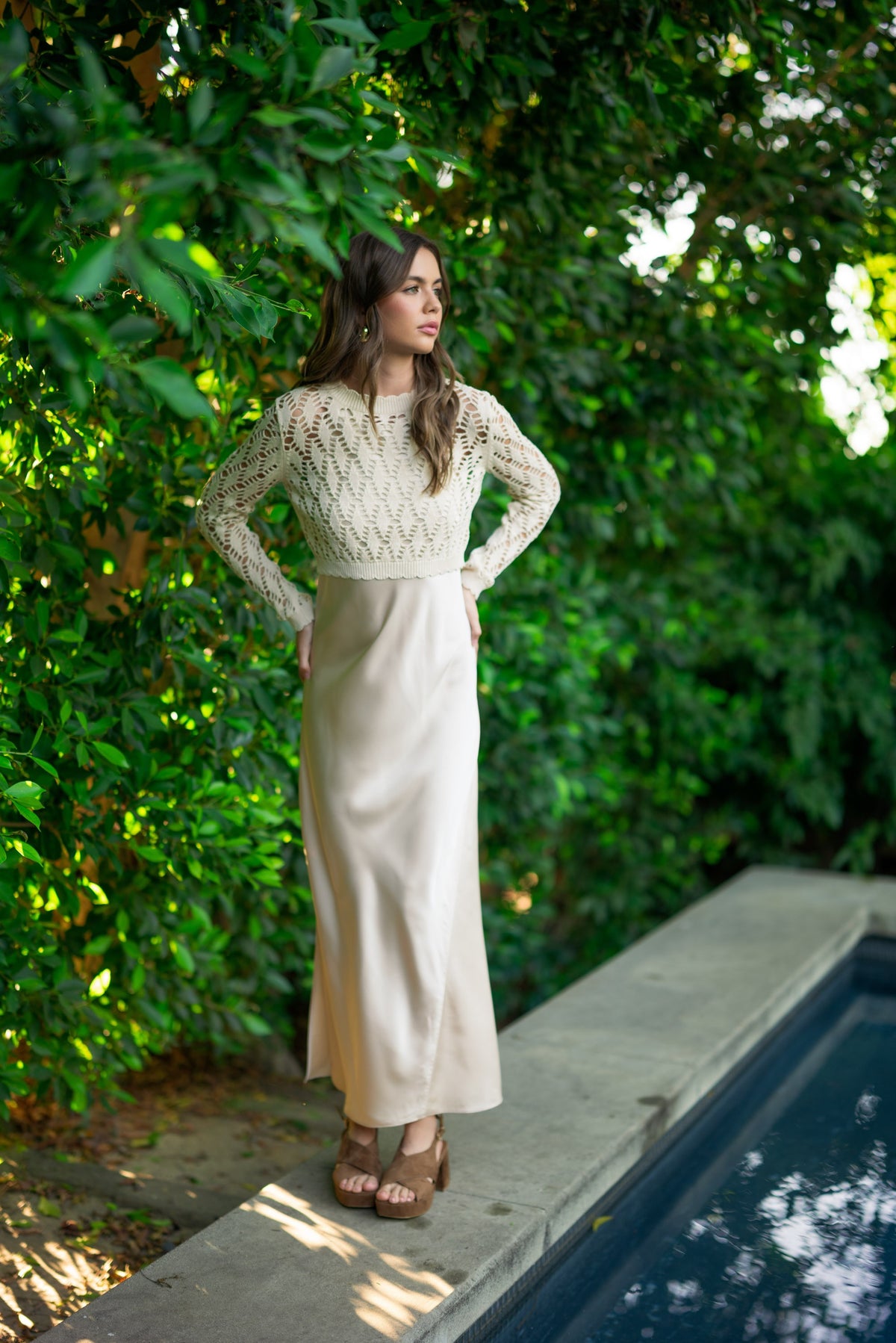 NYLAND Makenzie Satin Slip Dress w/ Crochet Top