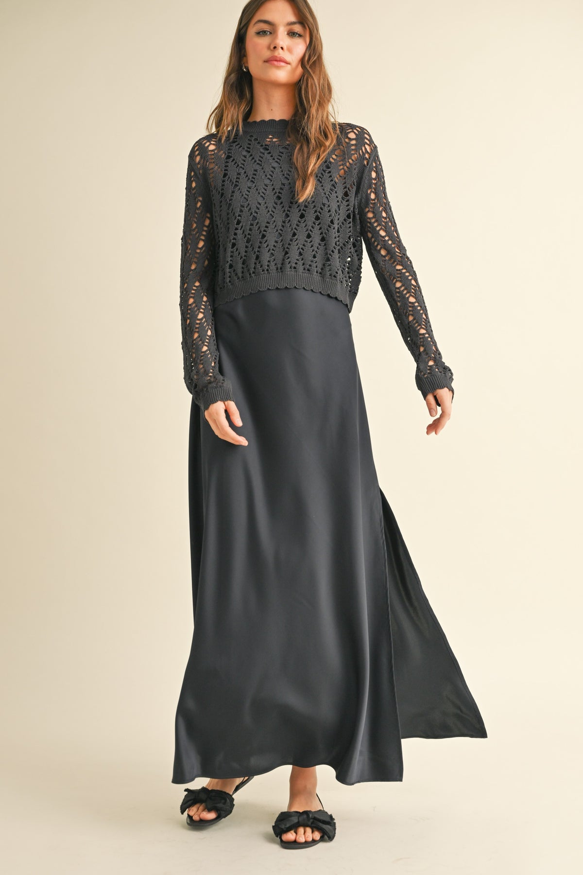 NYLAND Makenzie Satin Slip Dress w/ Crochet Top