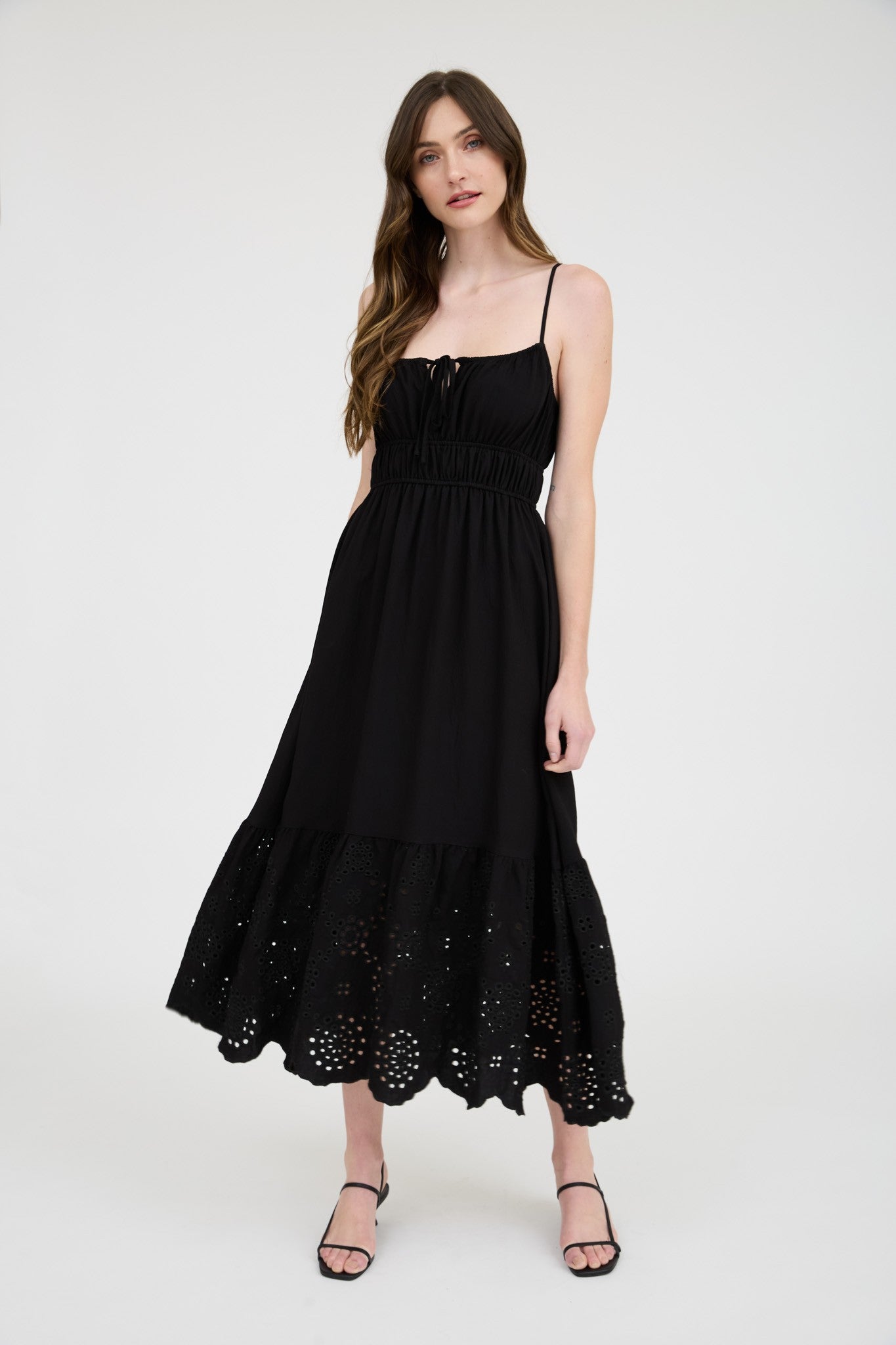 Gild Bellamy Front Self Tie Eyelet Scallop Hem Midi Dress