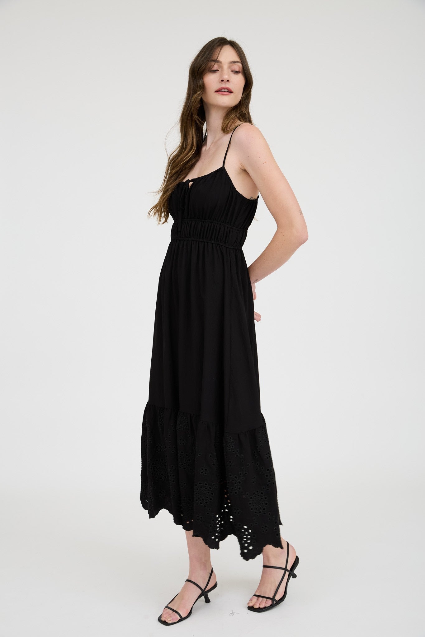 Gild Bellamy Front Self Tie Eyelet Scallop Hem Midi Dress