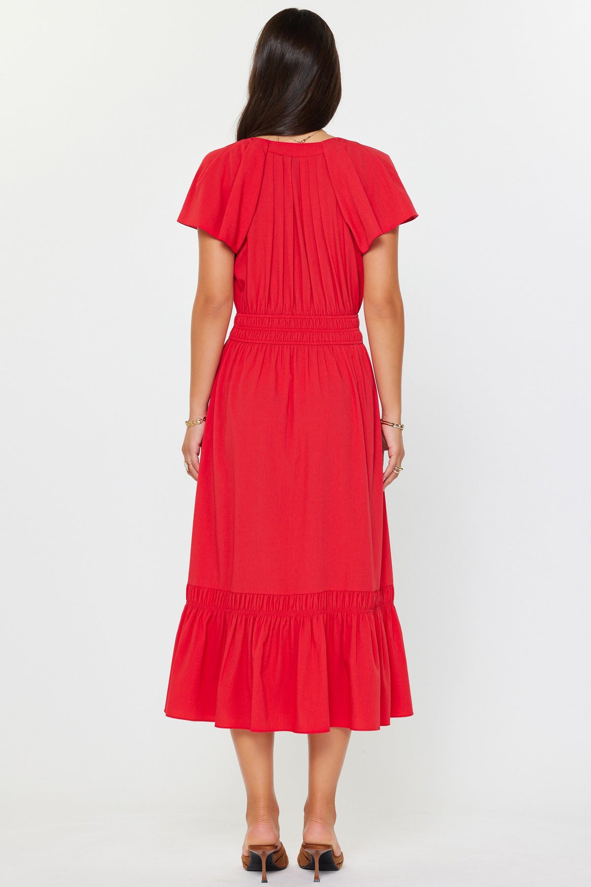 NYLAND Rosa Pleated Split Neck Dress Red / L NYLAND Rosa Pleated Split Neck Dress Red / L
