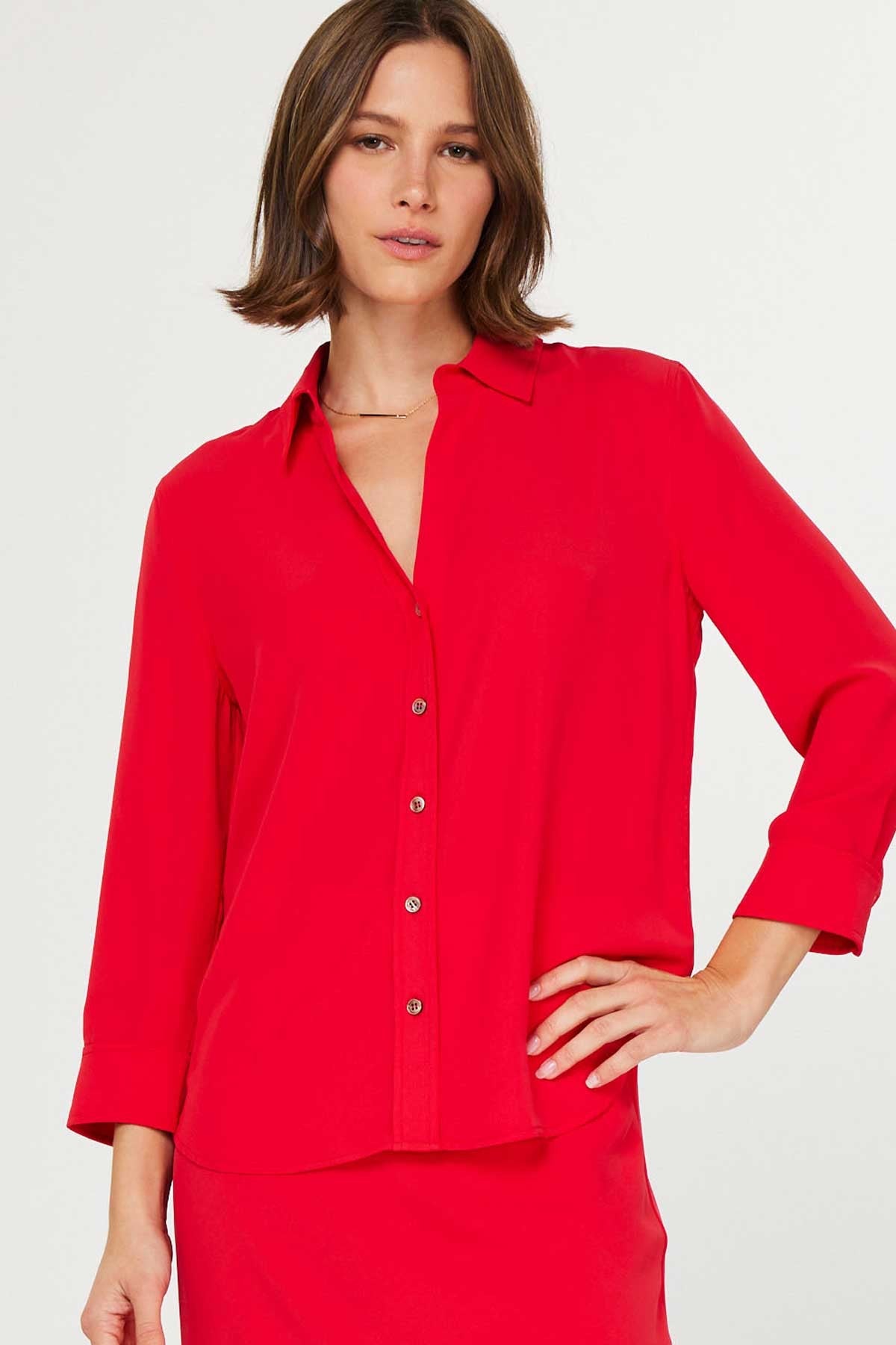 NYLAND Emersyn 3/4 Sleeve Button Down Shirt in Red