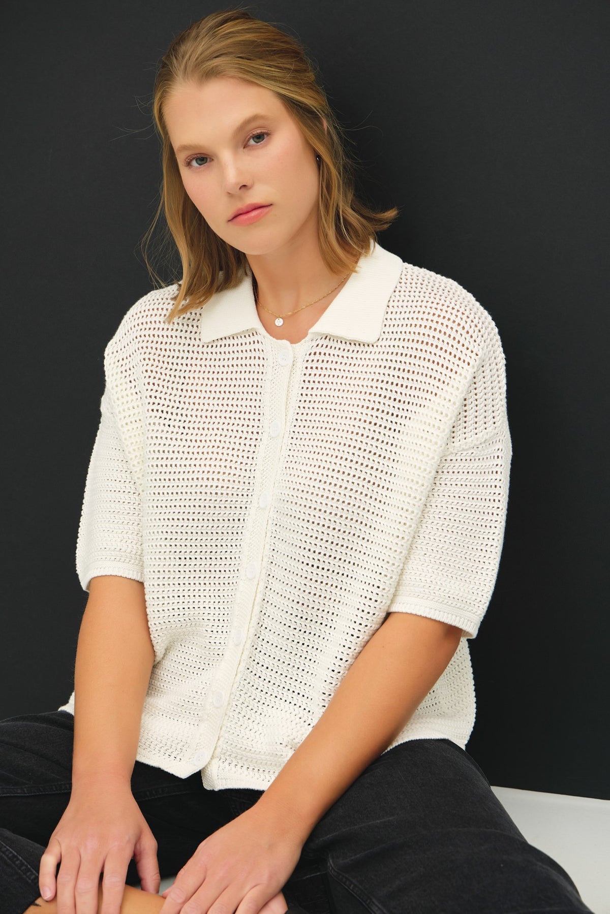 NYLAND Eunice Boxy Crop Crochet Knit Button Up