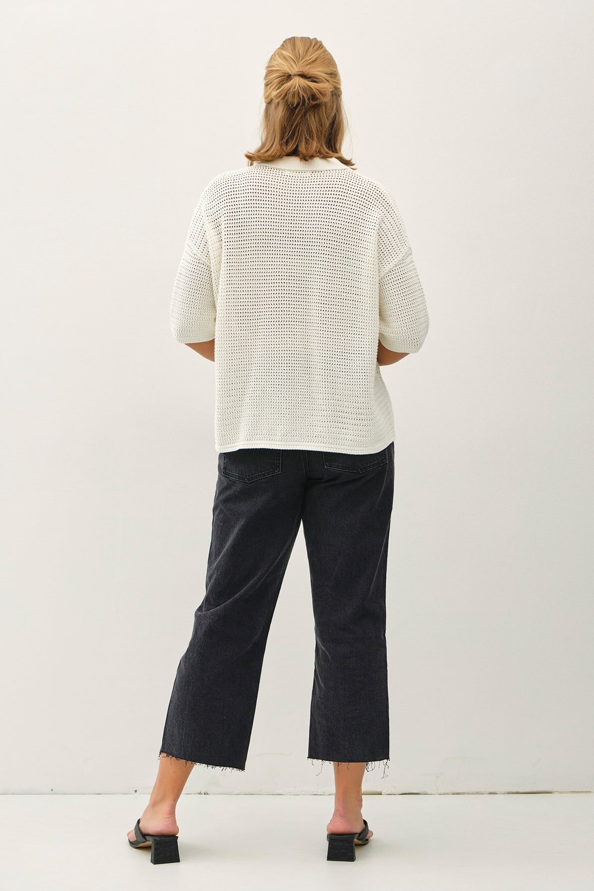 NYLAND Eunice Boxy Crop Crochet Knit Button Up