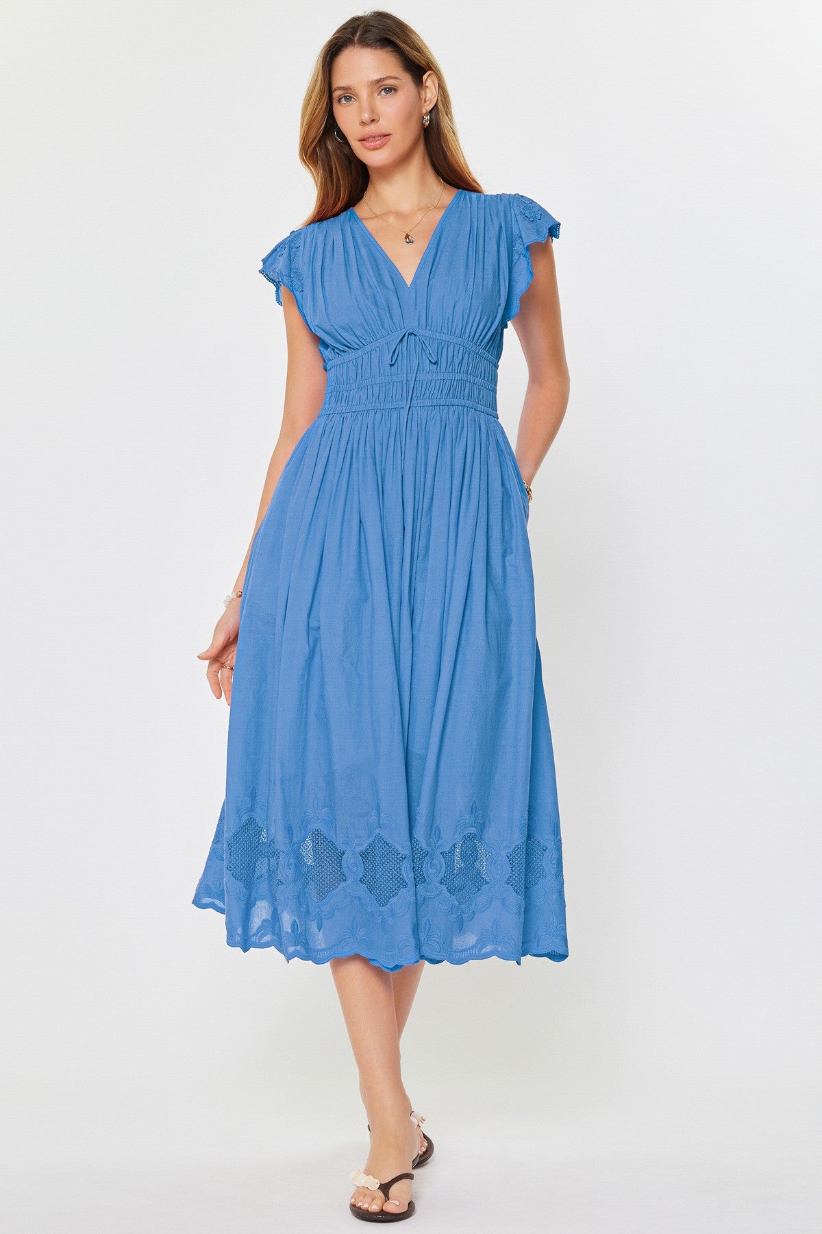 NYLAND Ulla V-Neck Flutter Sleeve Tie Front Midi Dress - Adorn NYLAND Ulla V-Neck Flutter Sleeve Tie Front Midi Dress - Adorn