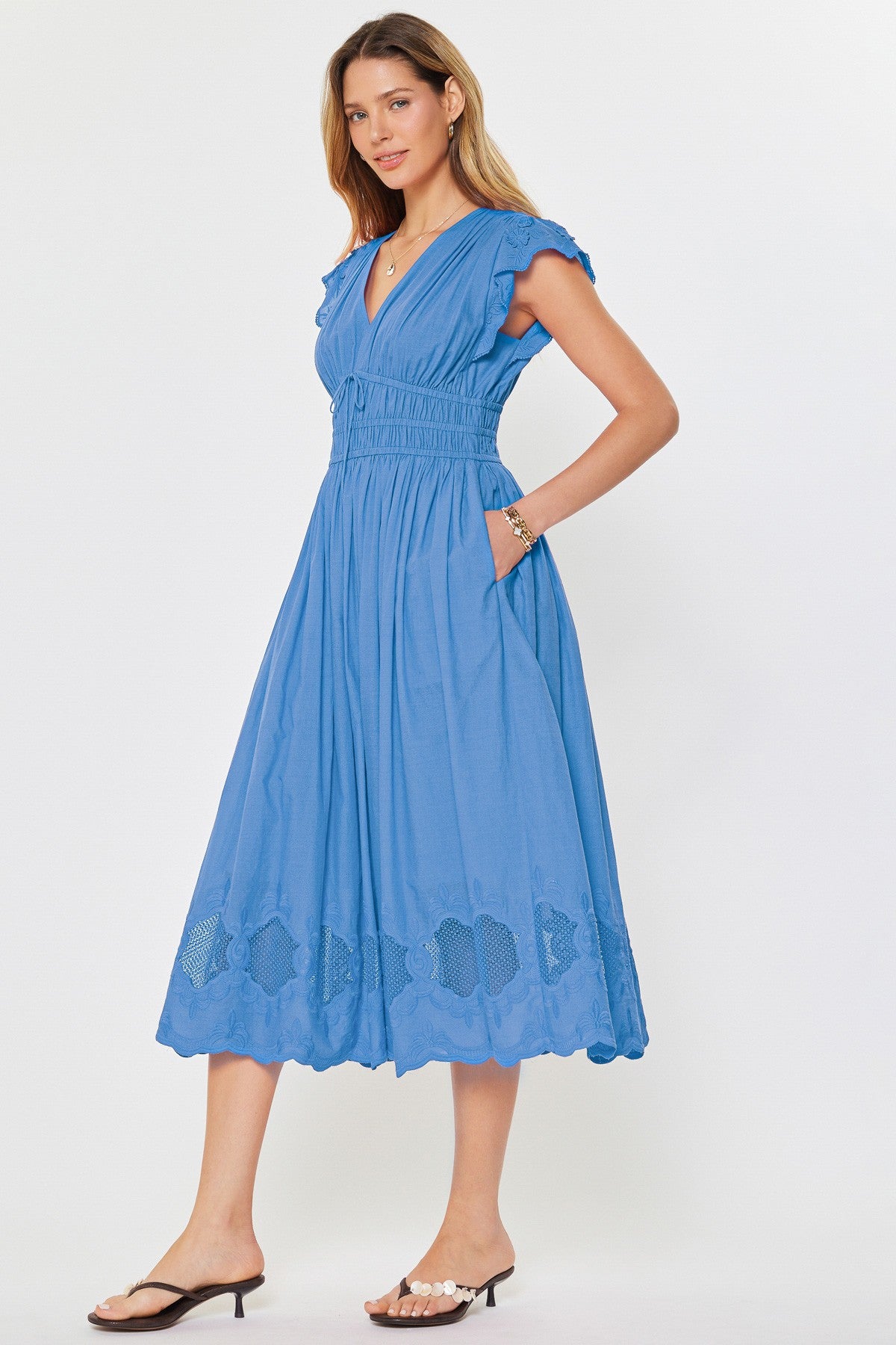 NYLAND Ulla V-Neck Flutter Sleeve Tie Front Midi Dress