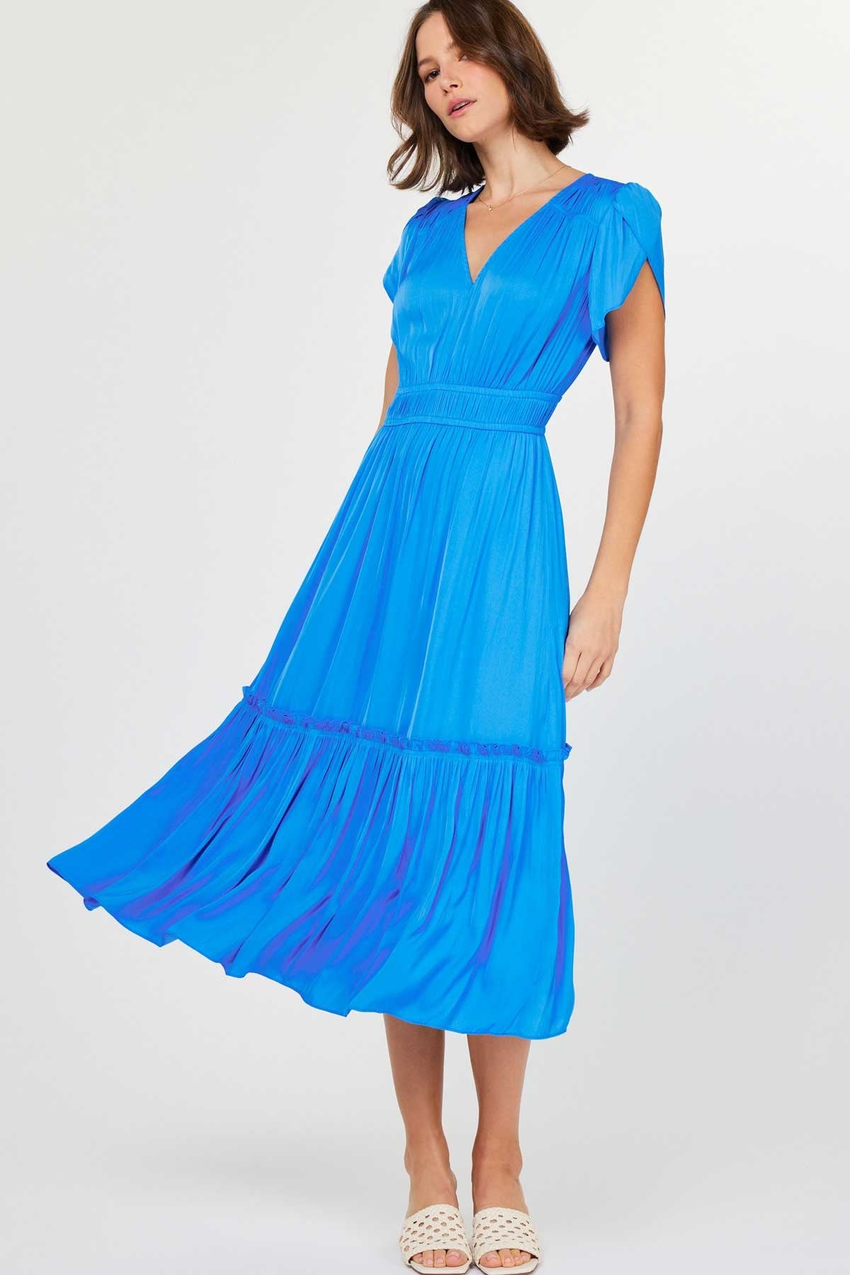 NYLAND Ualani Tulip Sleeve V-Neck Midi Dress Azure Blue