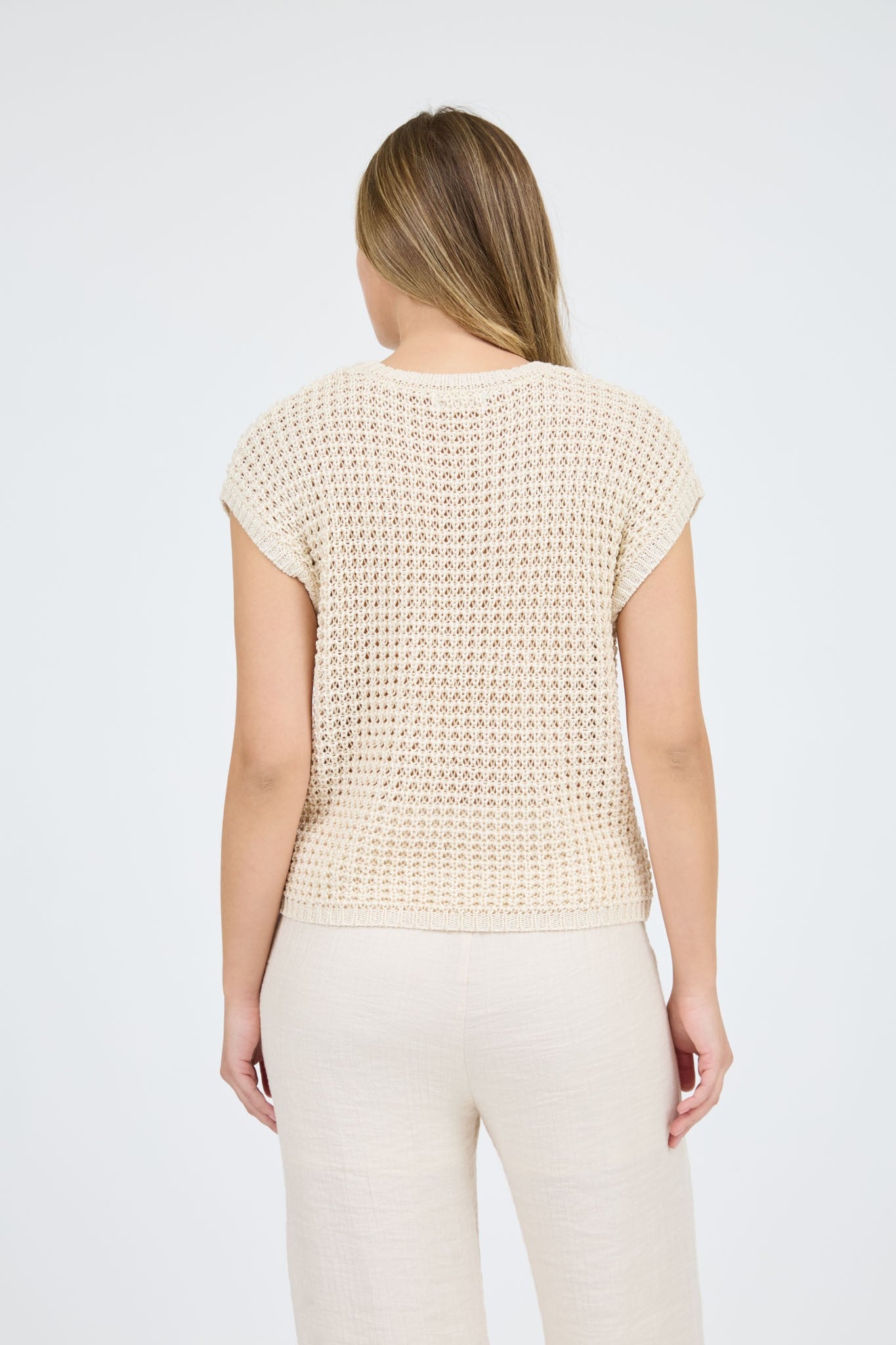 Gild Marian Crochet Knit Batwing Short Sleeve Sweater Top Oatmeal