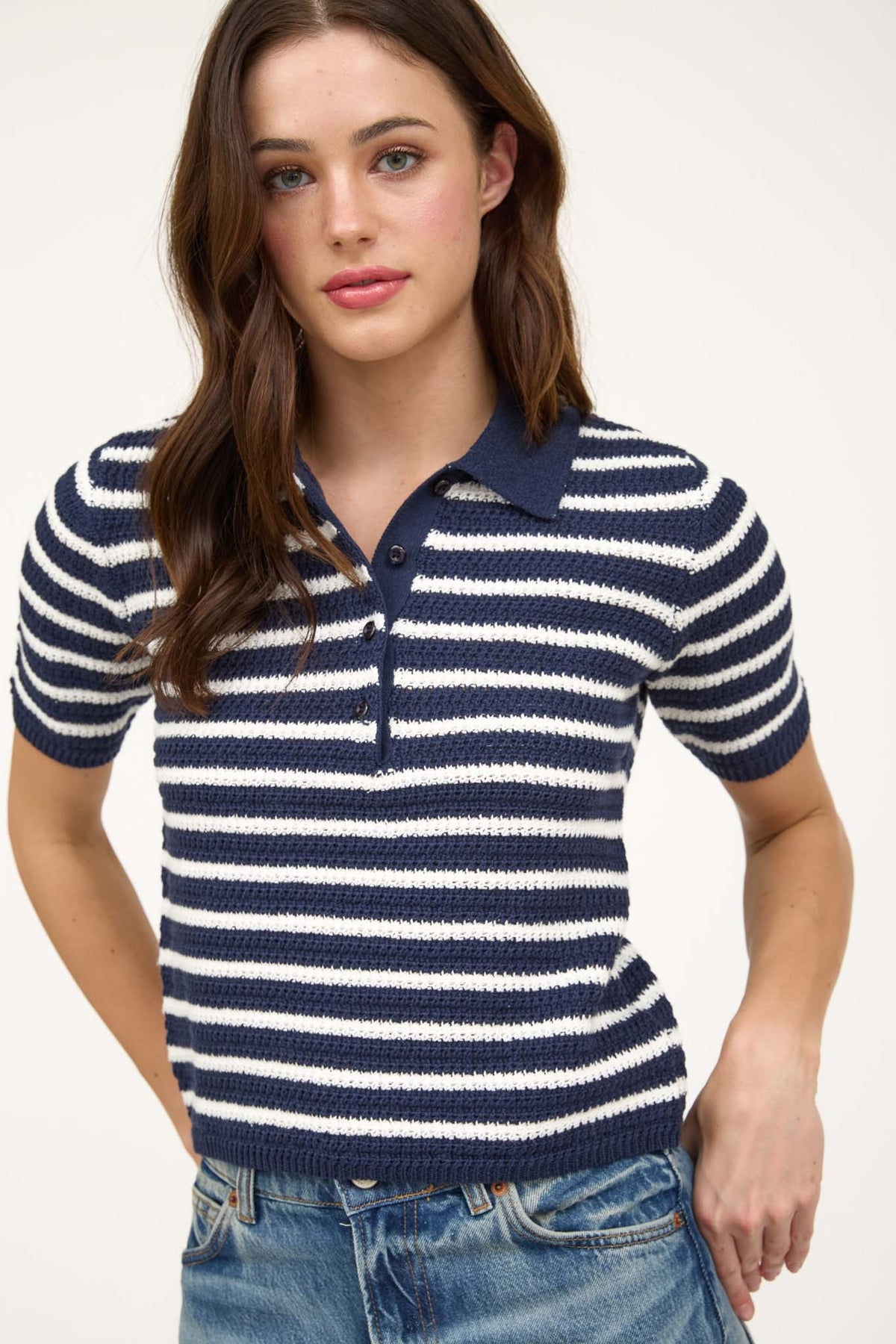 Gild Mireille Stripe Collared Short Sleeve Polo Sweater Top