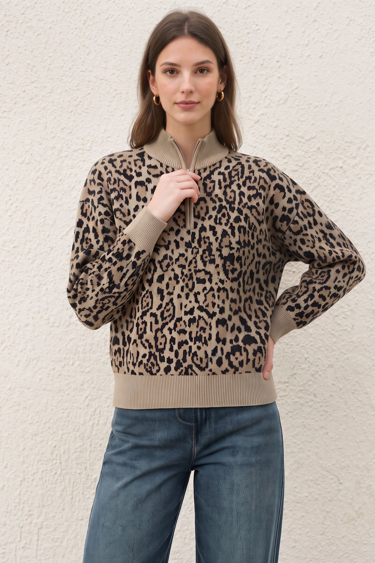 NYLAND Fleur Jacquard Half Zip Up Sweatshirt