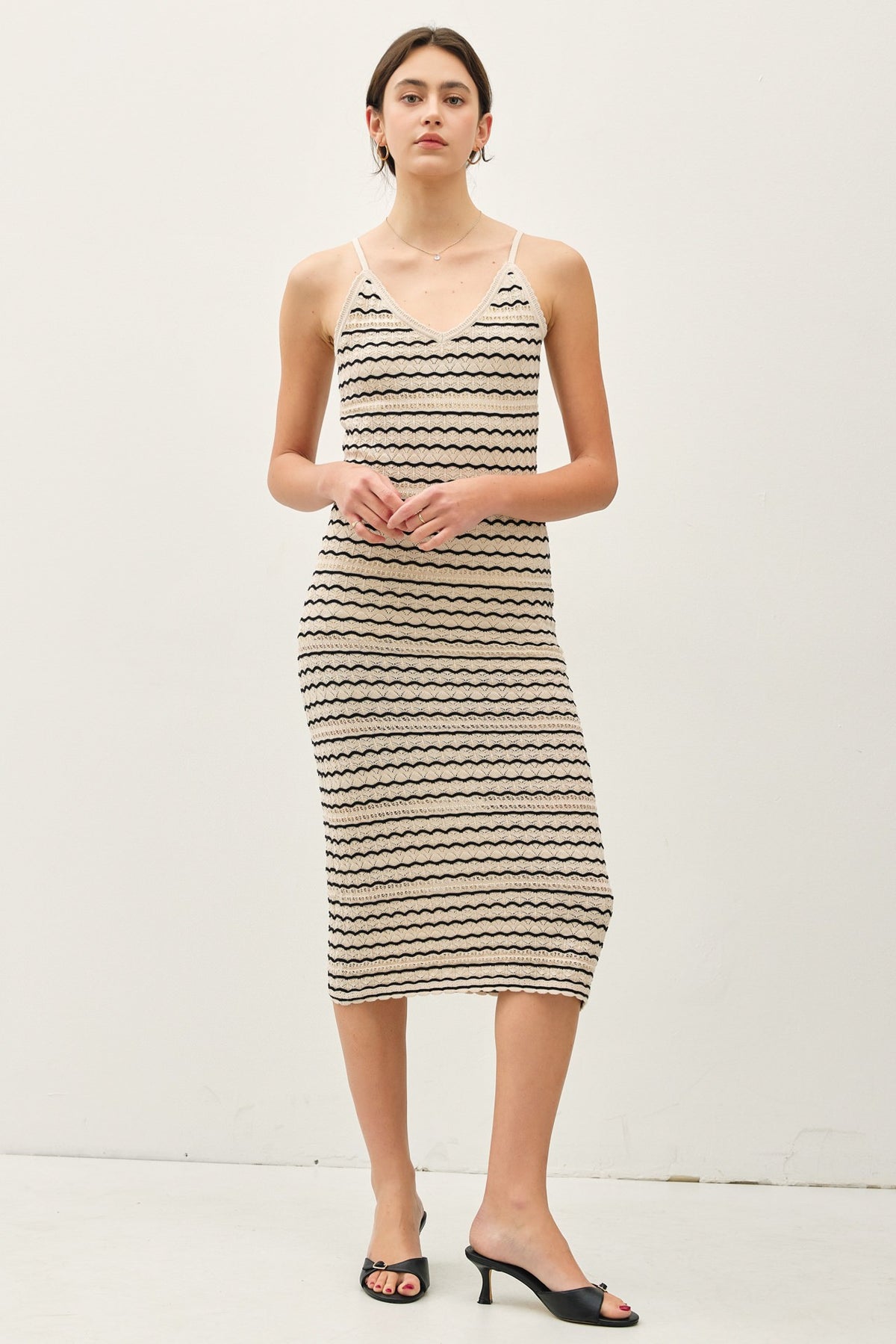 NYLAND Betsy Crochet Striped Knit Midi Dress Taupe