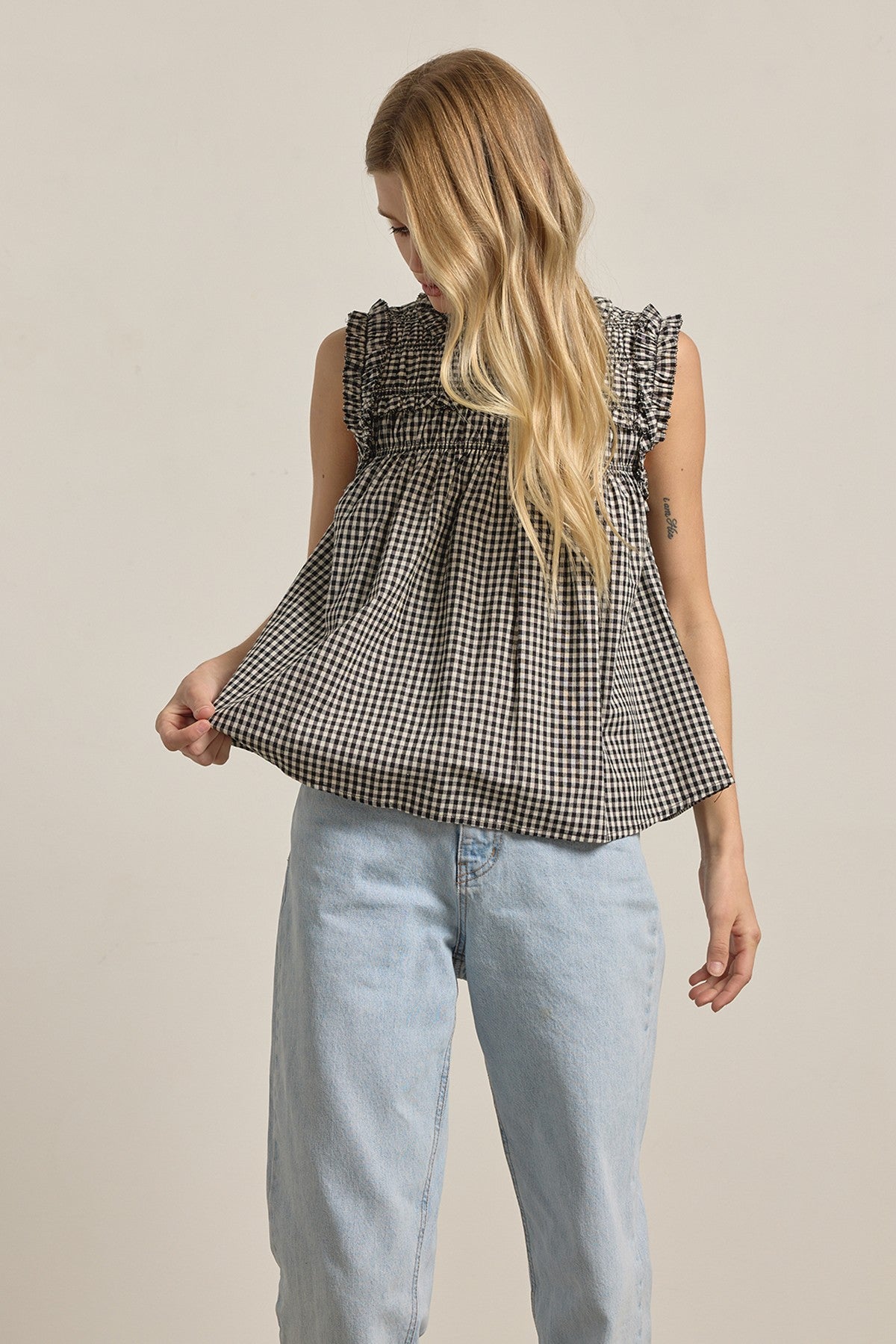 DEON Gingham Ruffle Blouse