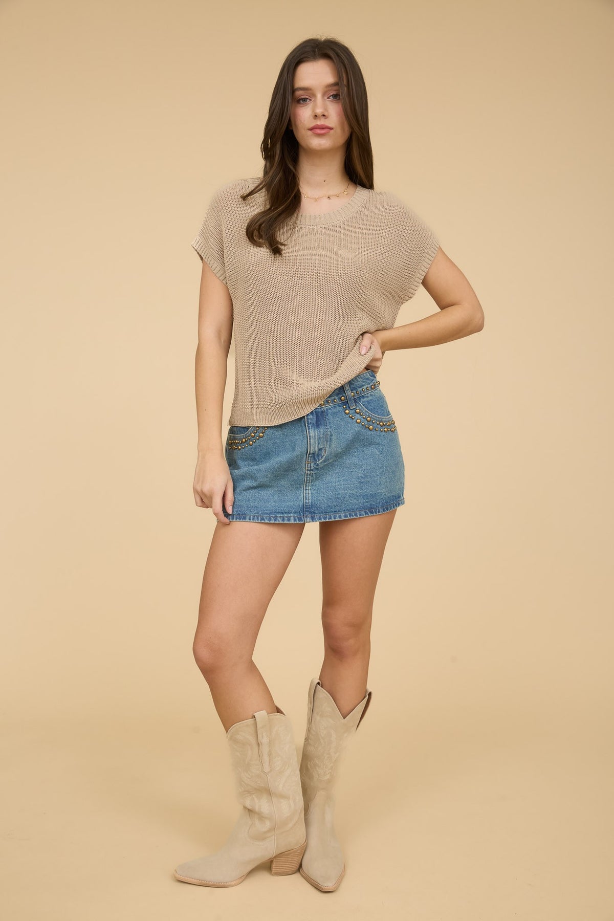 Gild Morgana Crew Neck Short Sleeve Crochet Knit Pullover