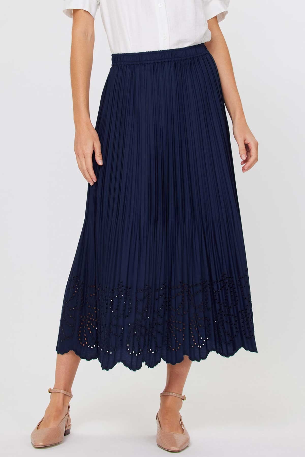 Gild Manon Pleated Eyelet Midi Skirt
