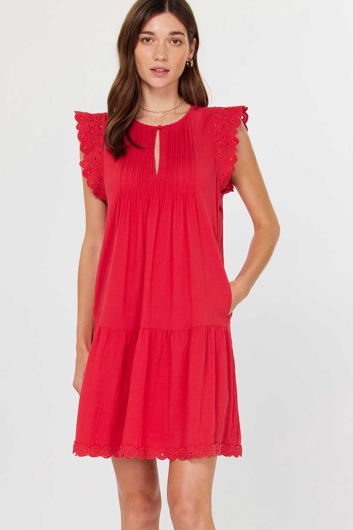 Gild Seraphine Crochet Short Sleeve Tiered Mini Dress Red