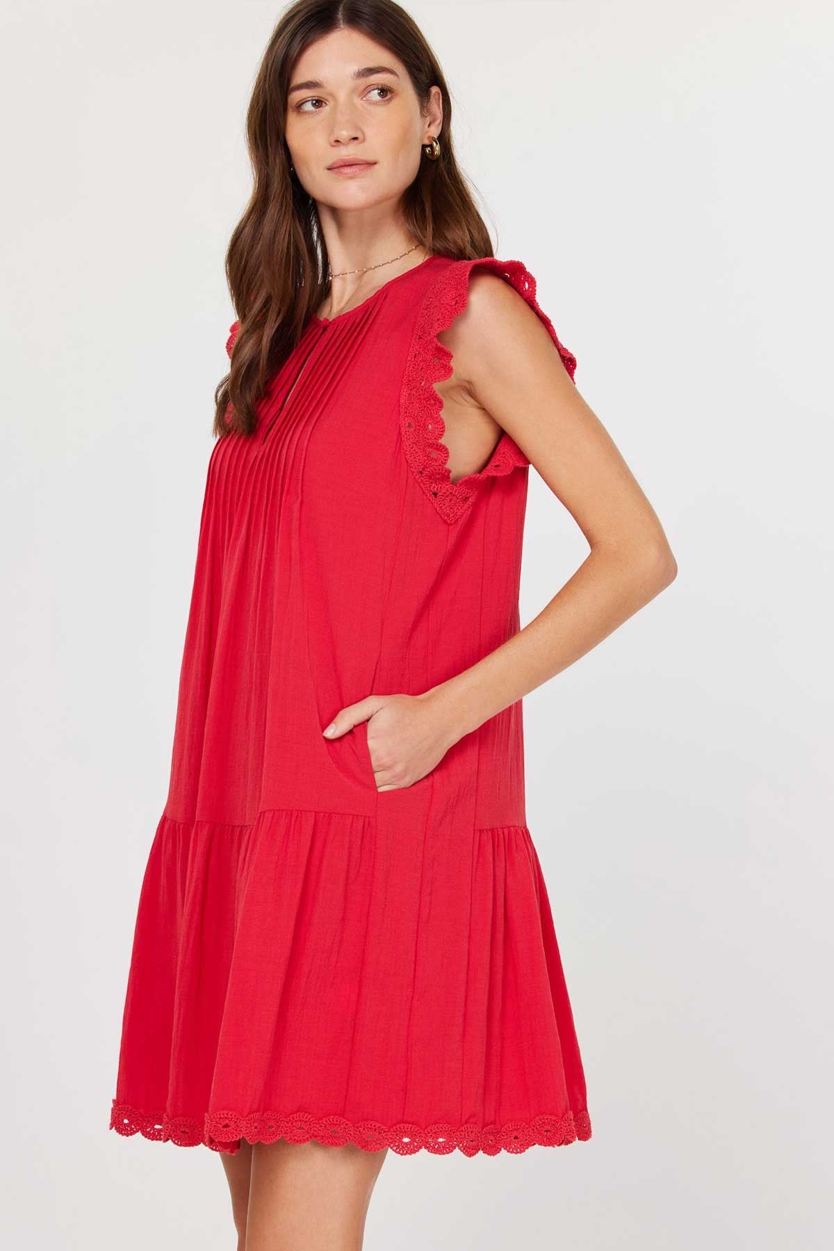 Gild Seraphine Crochet Short Sleeve Tiered Mini Dress Red