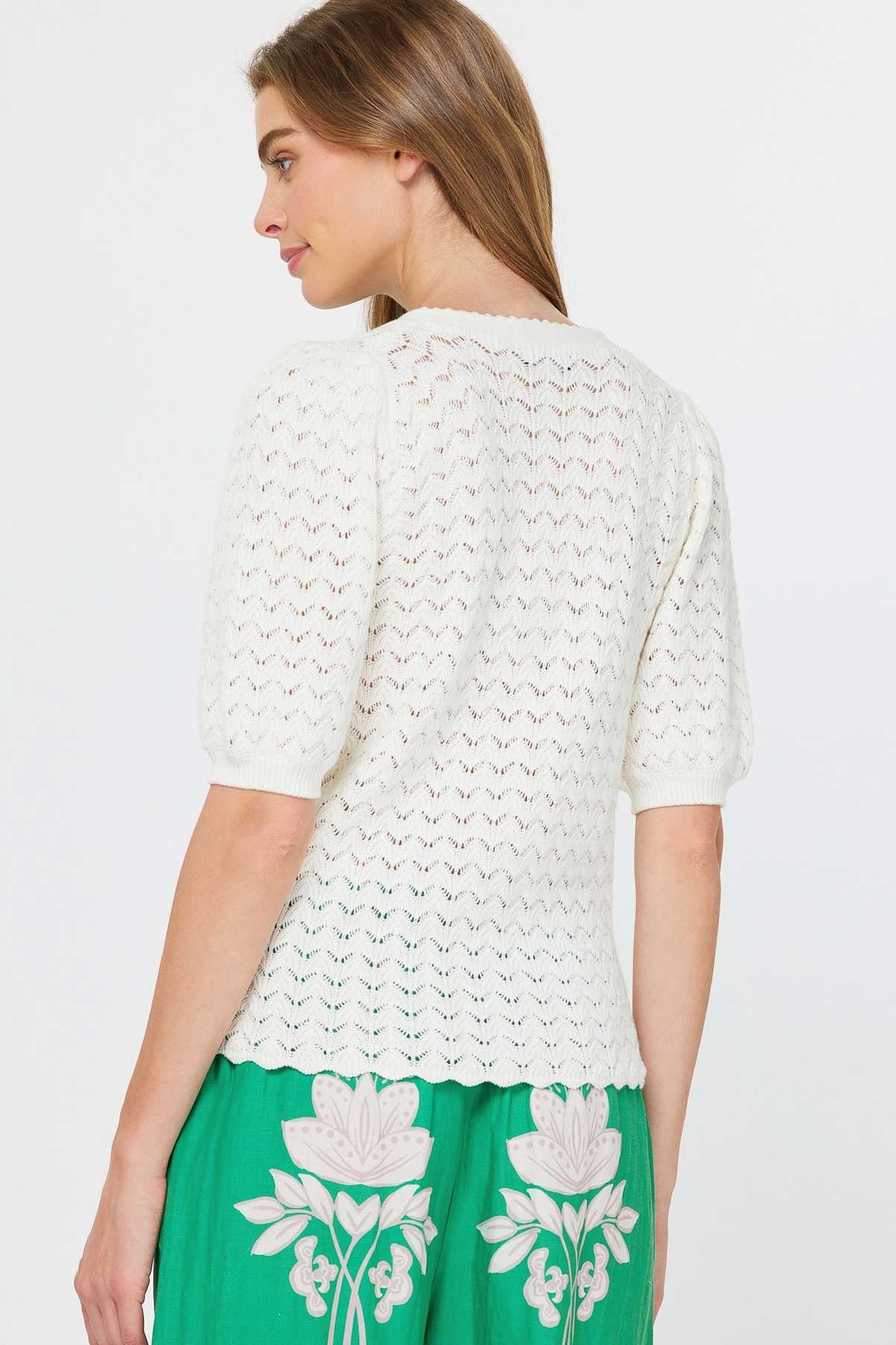 NYLAND Josette V-Neck Scalloped Cardigan Sweater White