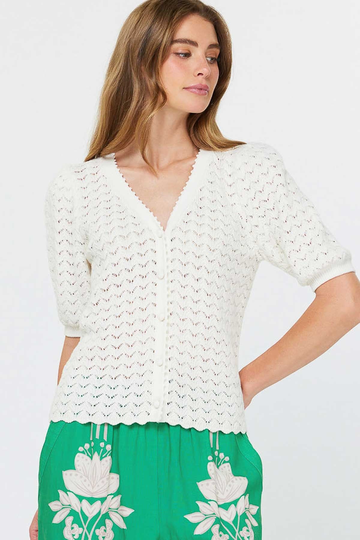 NYLAND Josette V-Neck Scalloped Cardigan Sweater White