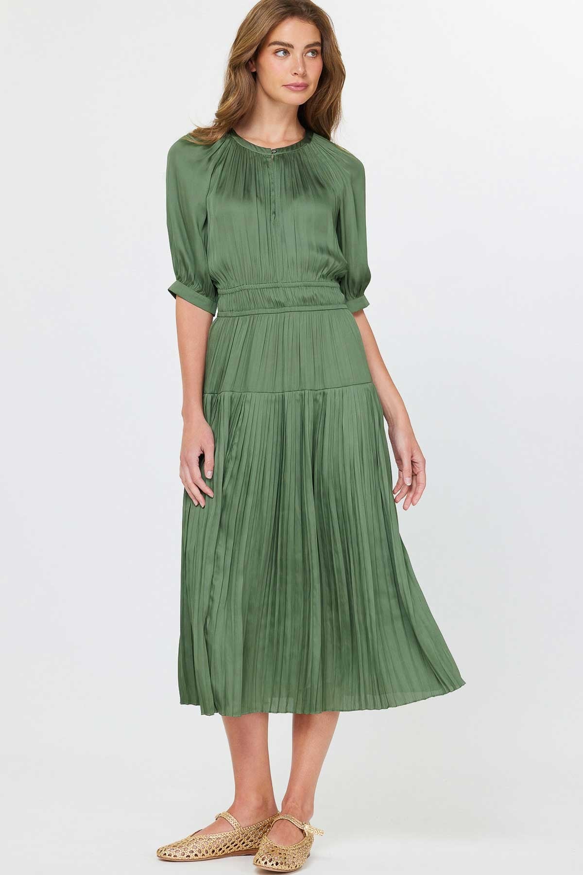 Midi Dress Green Pleated Skirt Dress Midi Dress Green Pleated